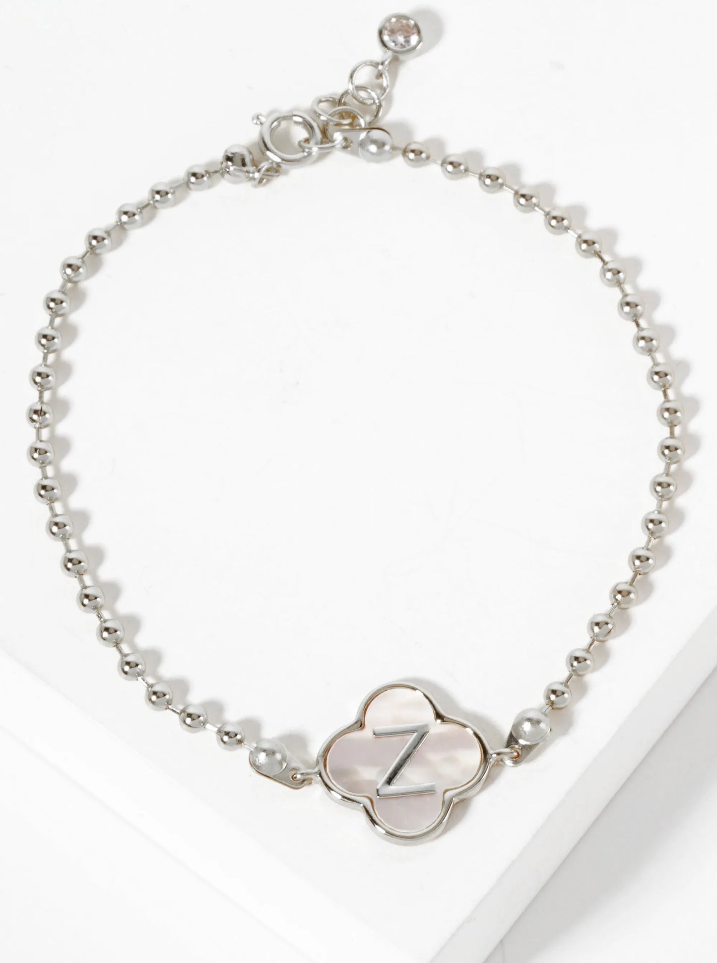 14mm 18K-Gold-Dipped Brass Mother-of-Pearl Quatrefoil Initial Monogram Ball-Chain Bracelet