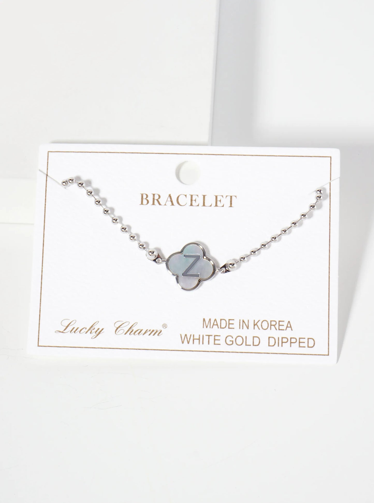 14mm 18K-Gold-Dipped Brass Mother-of-Pearl Quatrefoil Initial Monogram Ball-Chain Bracelet