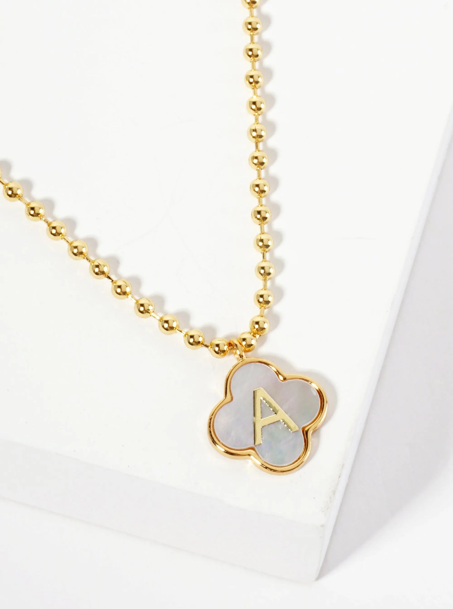 14mm 18K-Gold-Dipped Brass Mother-of-Pearl Quatrefoil Initial Monogram Ball-Chain Necklace