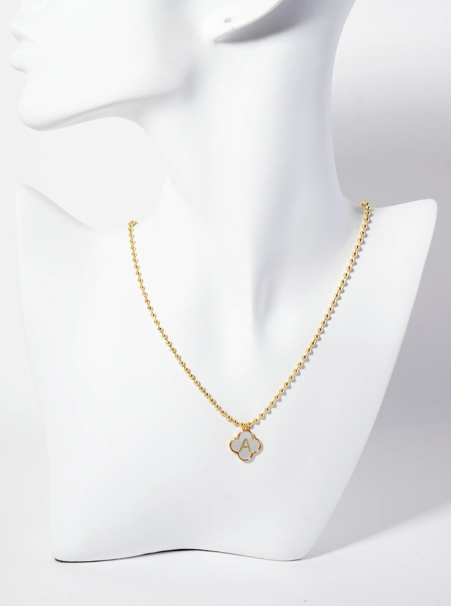 14mm 18K-Gold-Dipped Brass Mother-of-Pearl Quatrefoil Initial Monogram Ball-Chain Necklace