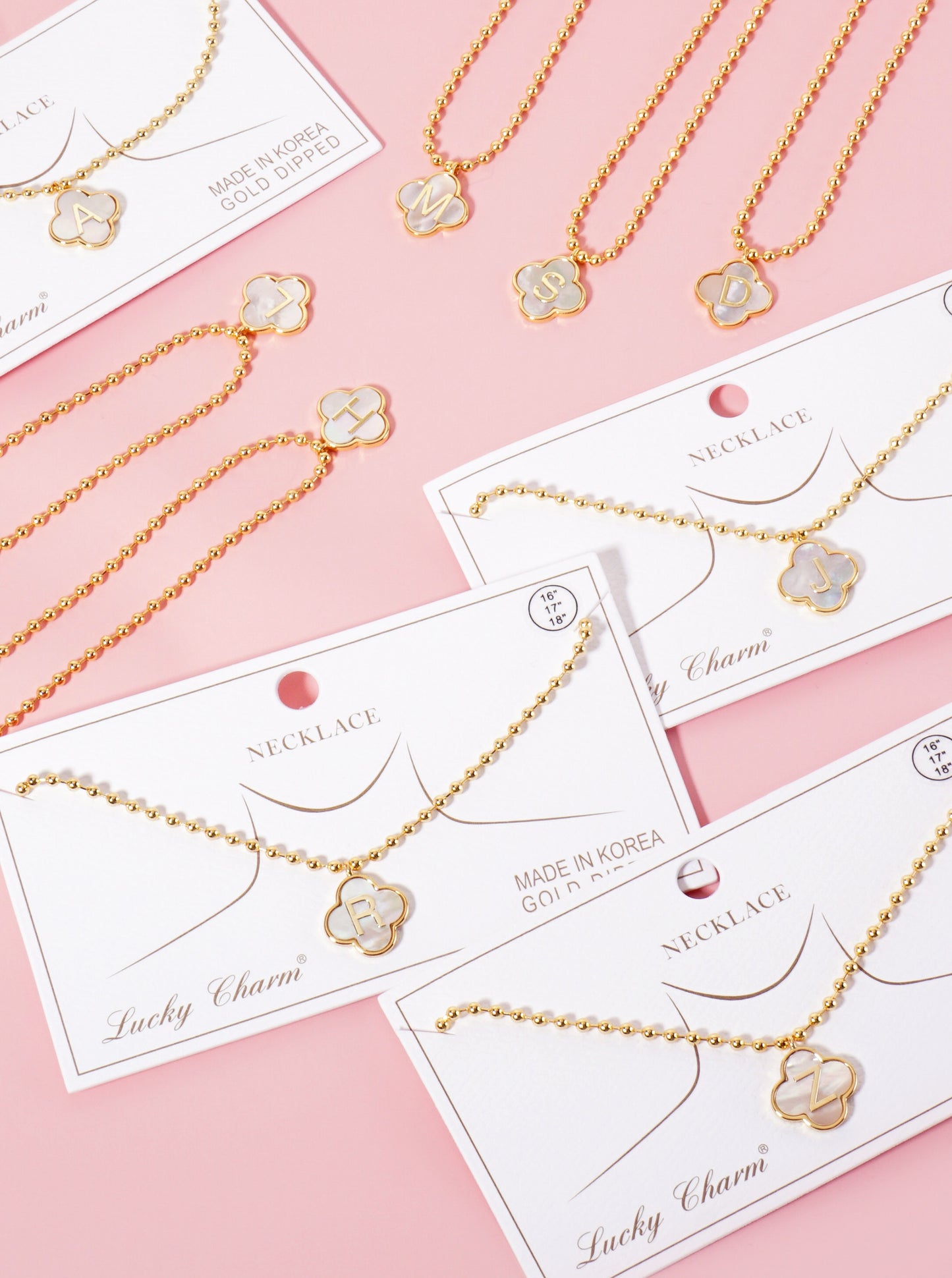 14mm 18K-Gold-Dipped Brass Mother-of-Pearl Quatrefoil Initial Monogram Ball-Chain Necklace