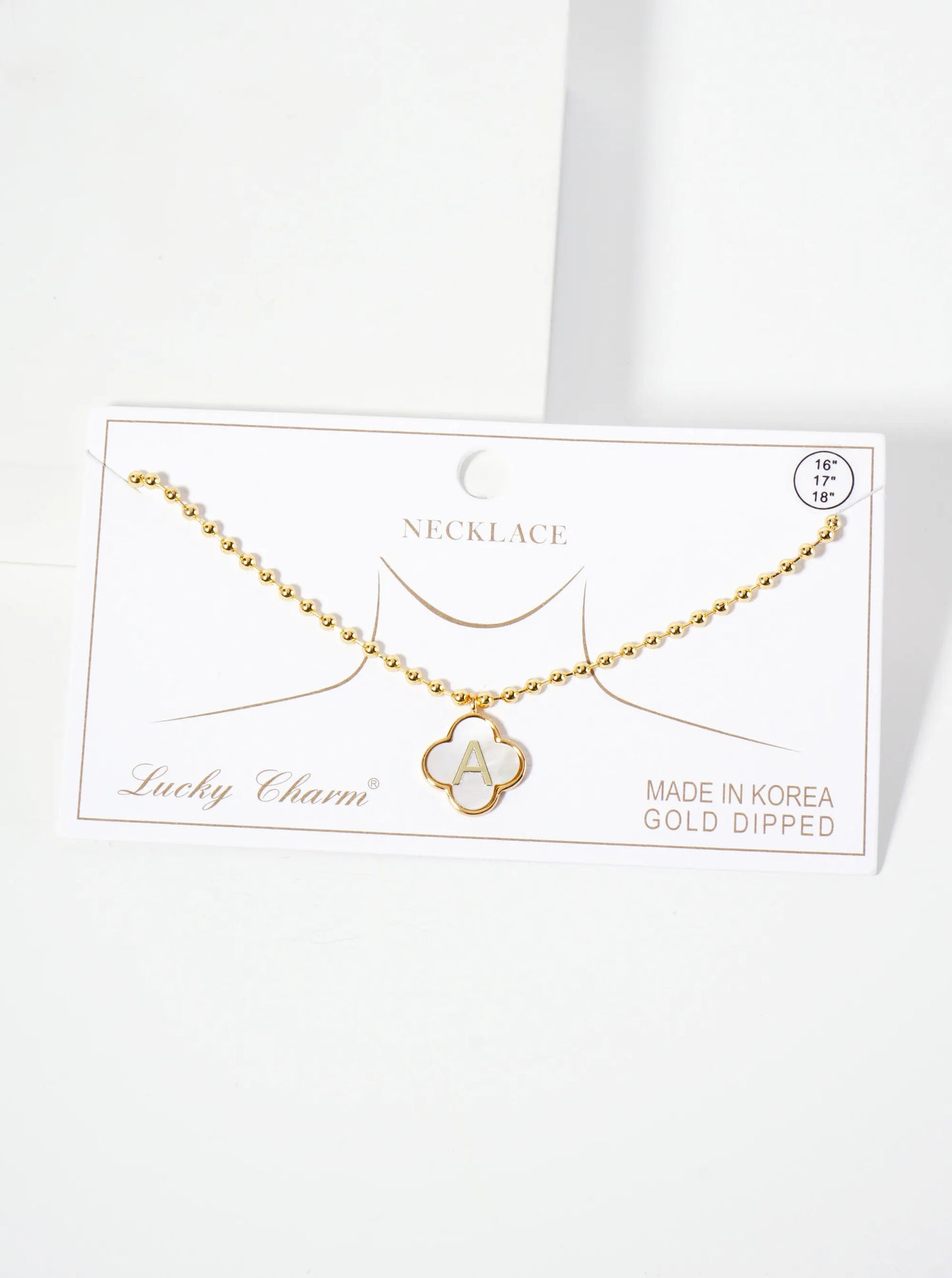 14mm 18K-Gold-Dipped Brass Mother-of-Pearl Quatrefoil Initial Monogram Ball-Chain Necklace