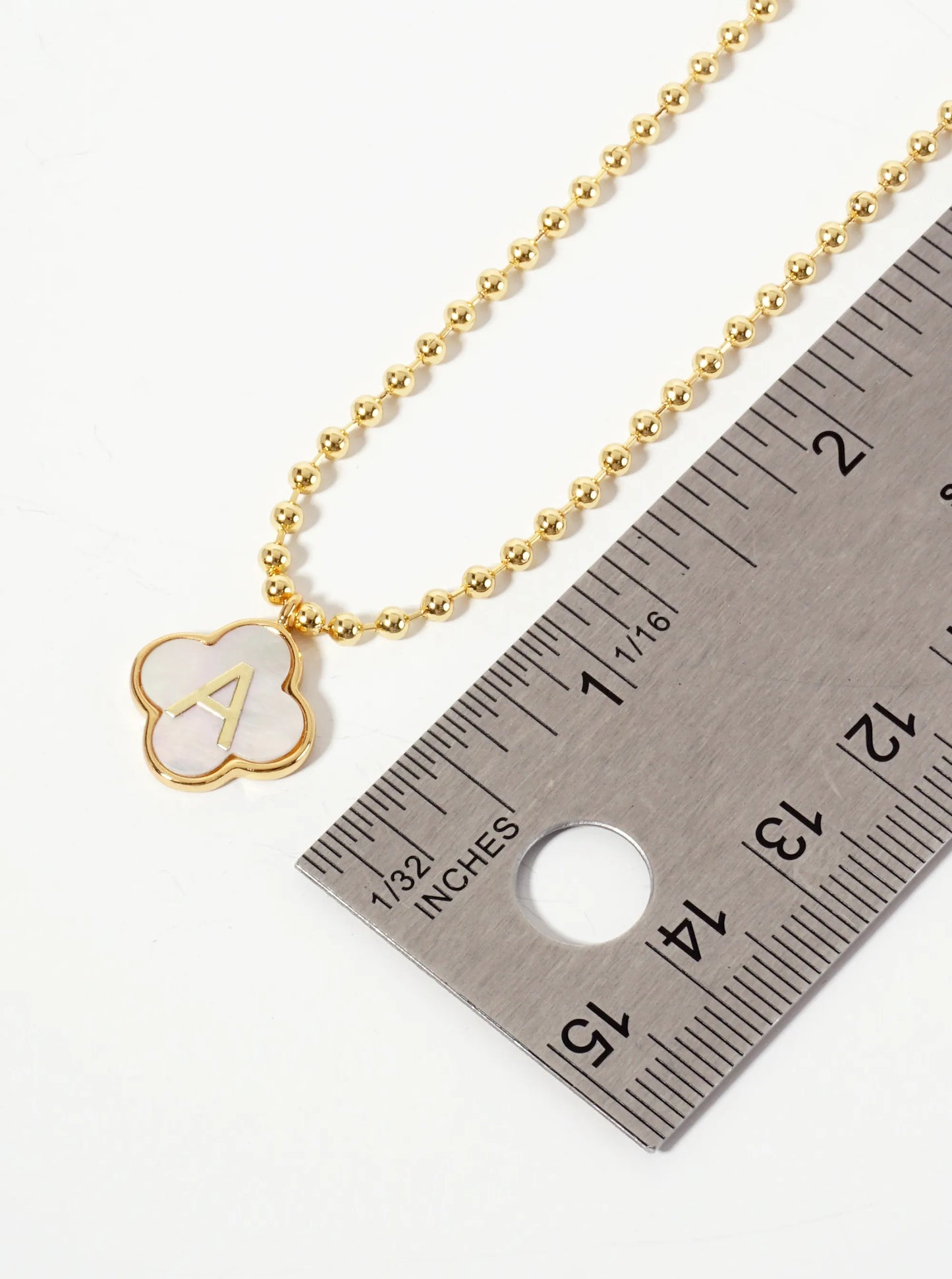 14mm 18K-Gold-Dipped Brass Mother-of-Pearl Quatrefoil Initial Monogram Ball-Chain Necklace