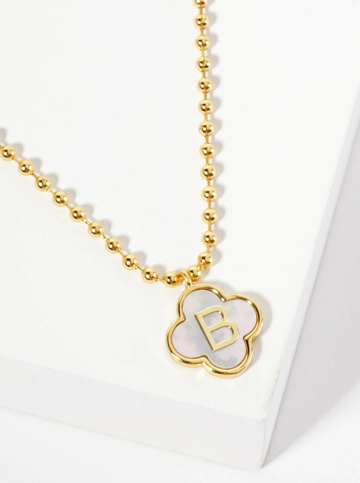14mm 18K-Gold-Dipped Brass Mother-of-Pearl Quatrefoil Initial Monogram Ball-Chain Necklace