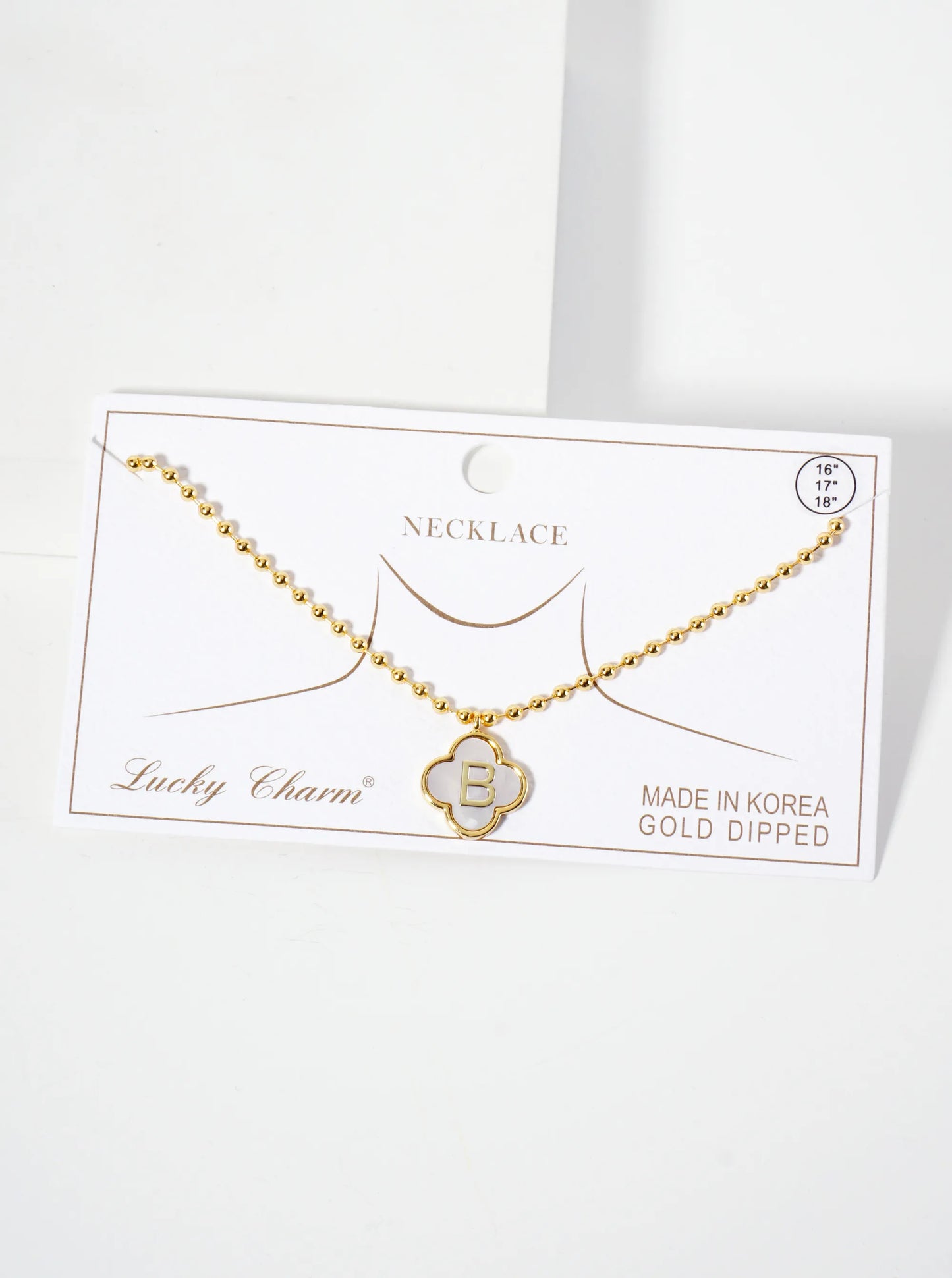 14mm 18K-Gold-Dipped Brass Mother-of-Pearl Quatrefoil Initial Monogram Ball-Chain Necklace