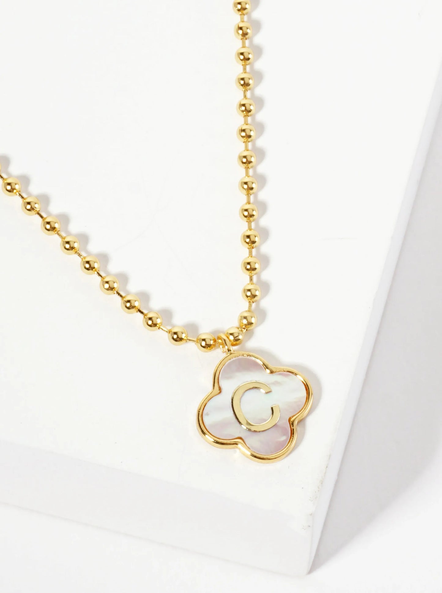 14mm 18K-Gold-Dipped Brass Mother-of-Pearl Quatrefoil Initial Monogram Ball-Chain Necklace