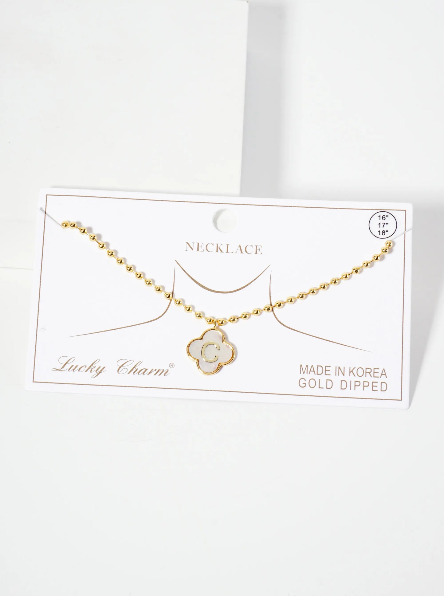 14mm 18K-Gold-Dipped Brass Mother-of-Pearl Quatrefoil Initial Monogram Ball-Chain Necklace
