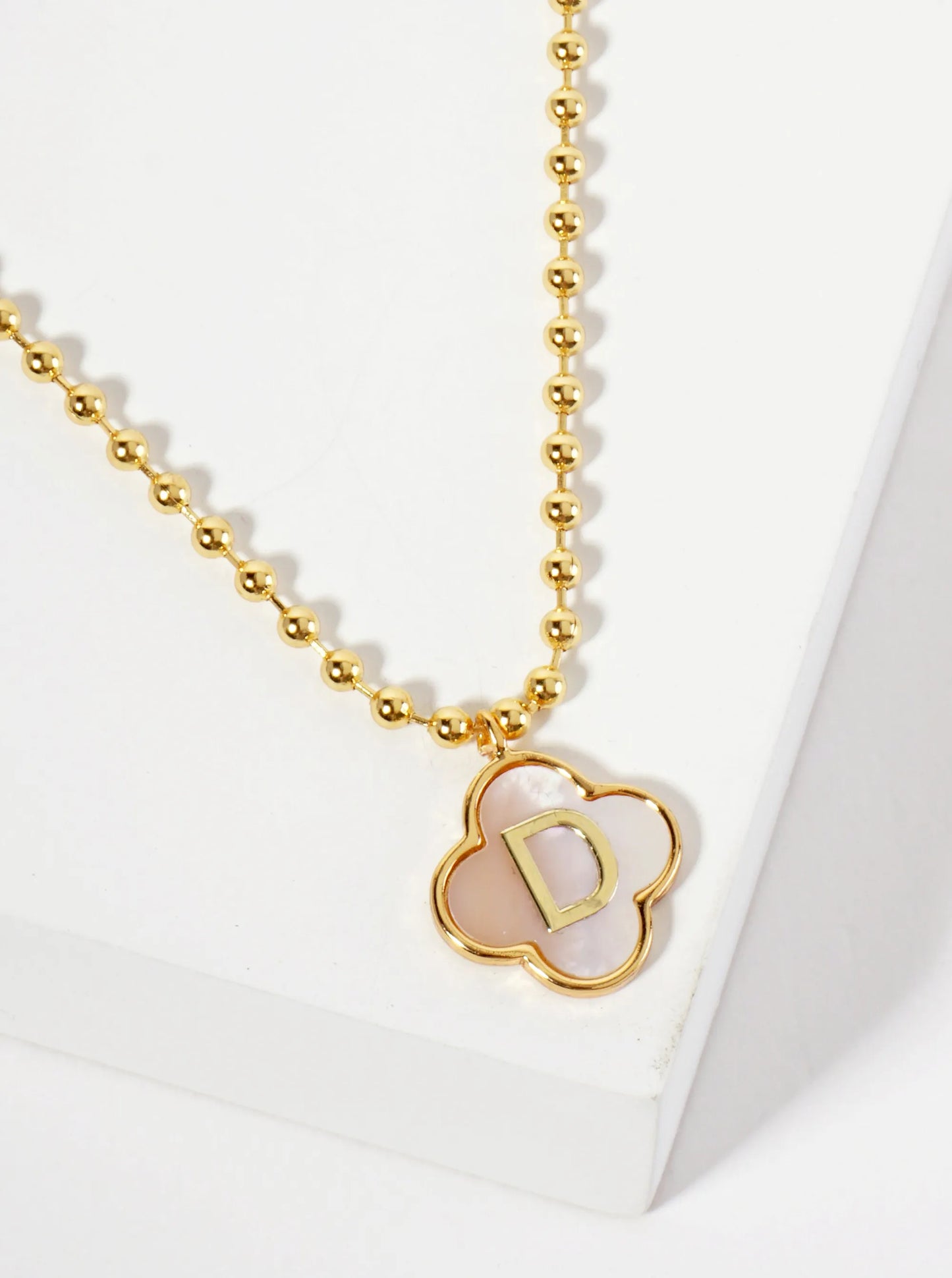 14mm 18K-Gold-Dipped Brass Mother-of-Pearl Quatrefoil Initial Monogram Ball-Chain Necklace