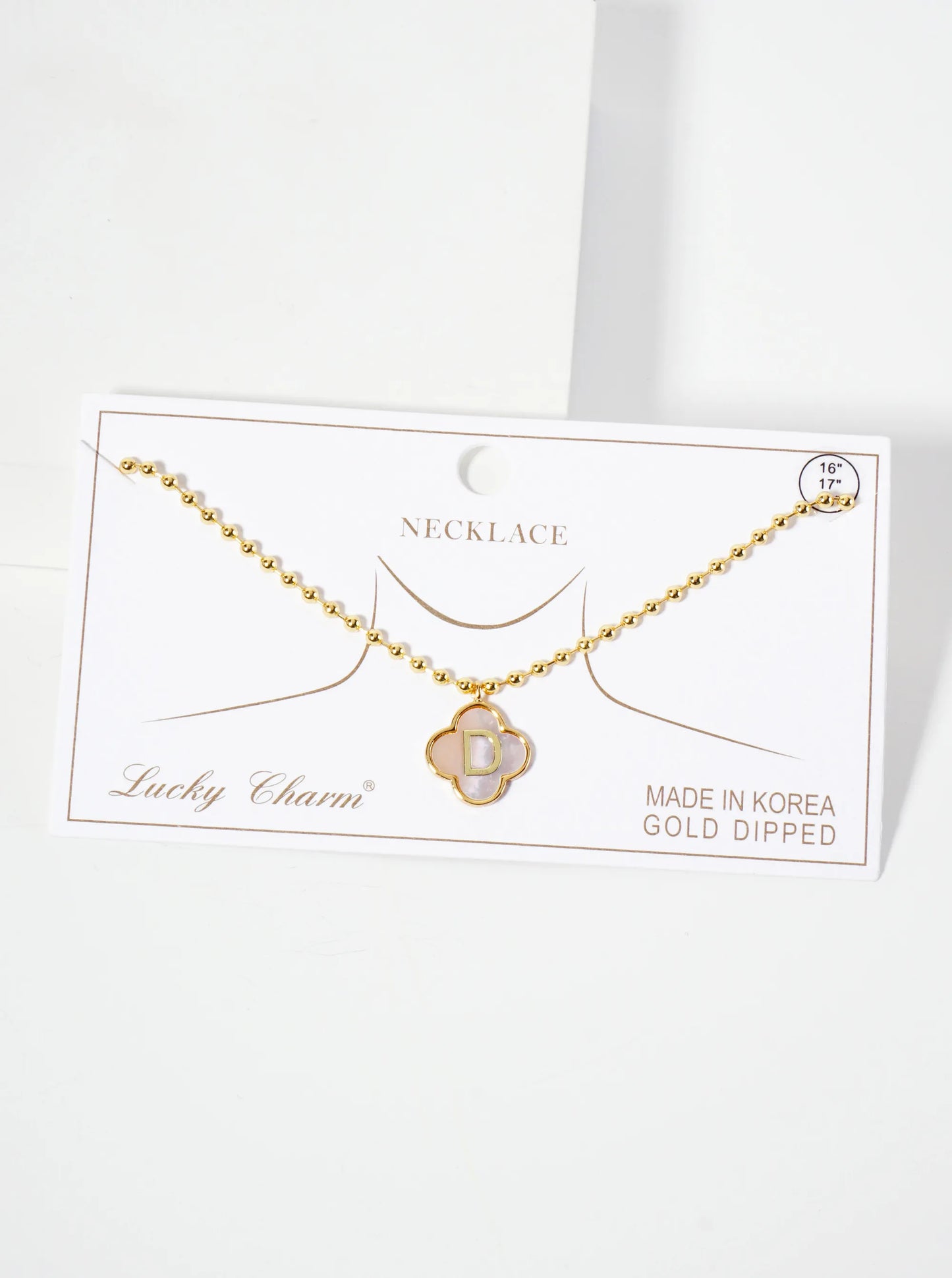 14mm 18K-Gold-Dipped Brass Mother-of-Pearl Quatrefoil Initial Monogram Ball-Chain Necklace