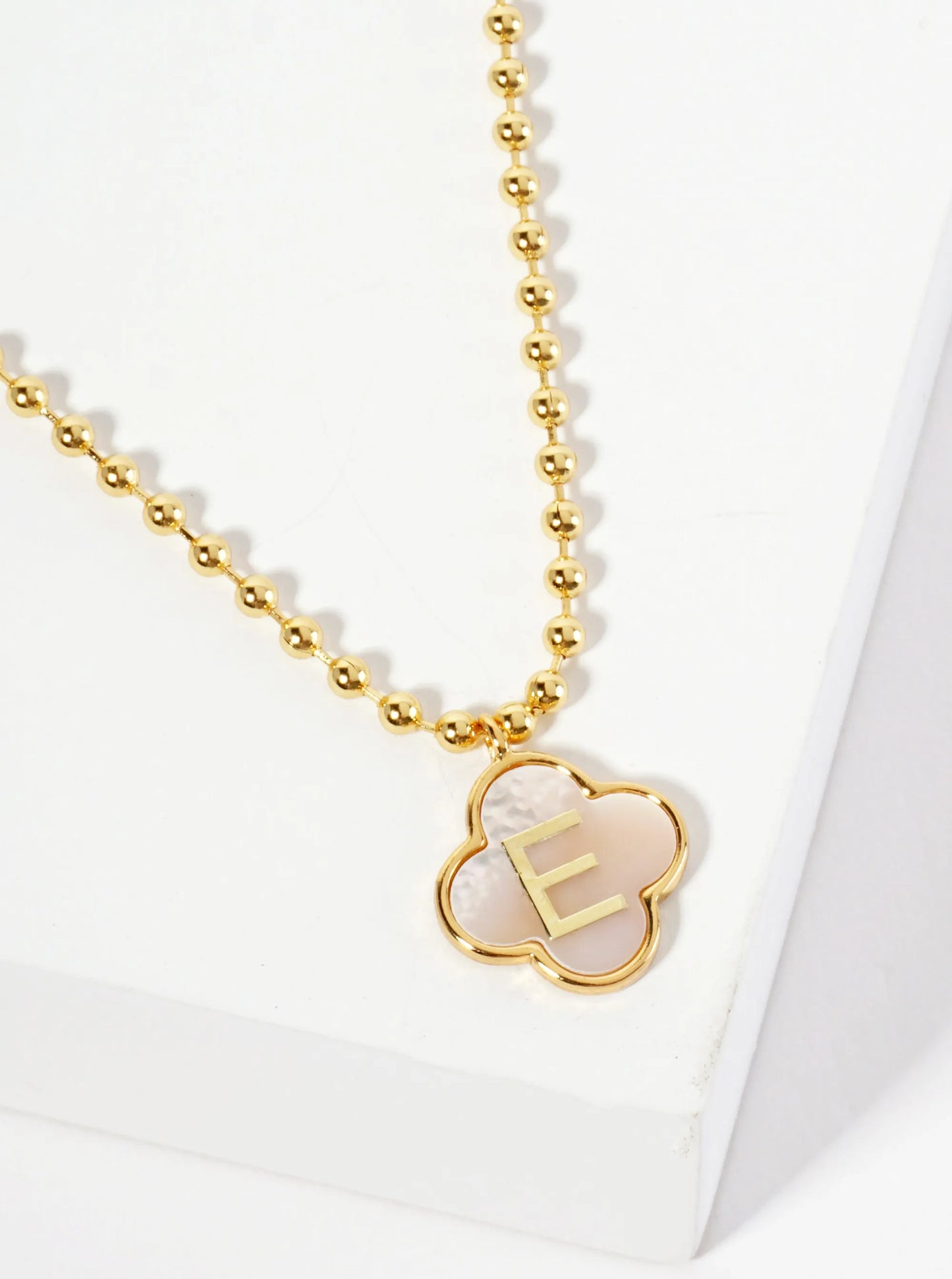 14mm 18K-Gold-Dipped Brass Mother-of-Pearl Quatrefoil Initial Monogram Ball-Chain Necklace