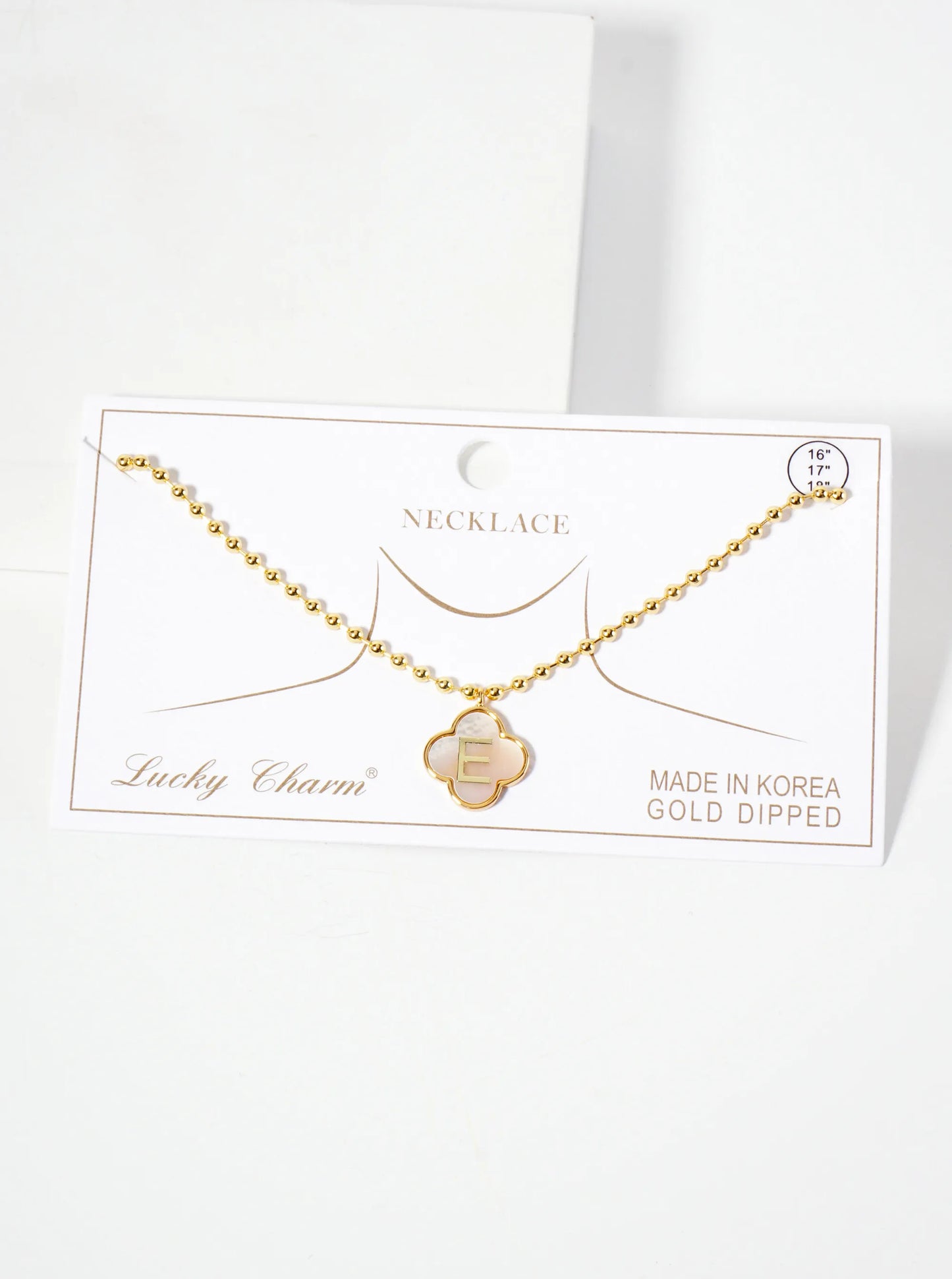 14mm 18K-Gold-Dipped Brass Mother-of-Pearl Quatrefoil Initial Monogram Ball-Chain Necklace