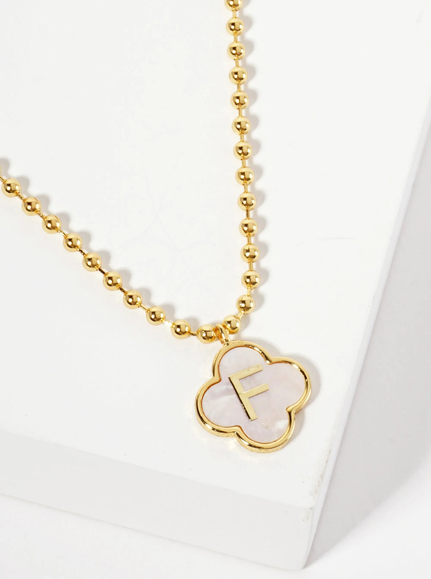 14mm 18K-Gold-Dipped Brass Mother-of-Pearl Quatrefoil Initial Monogram Ball-Chain Necklace
