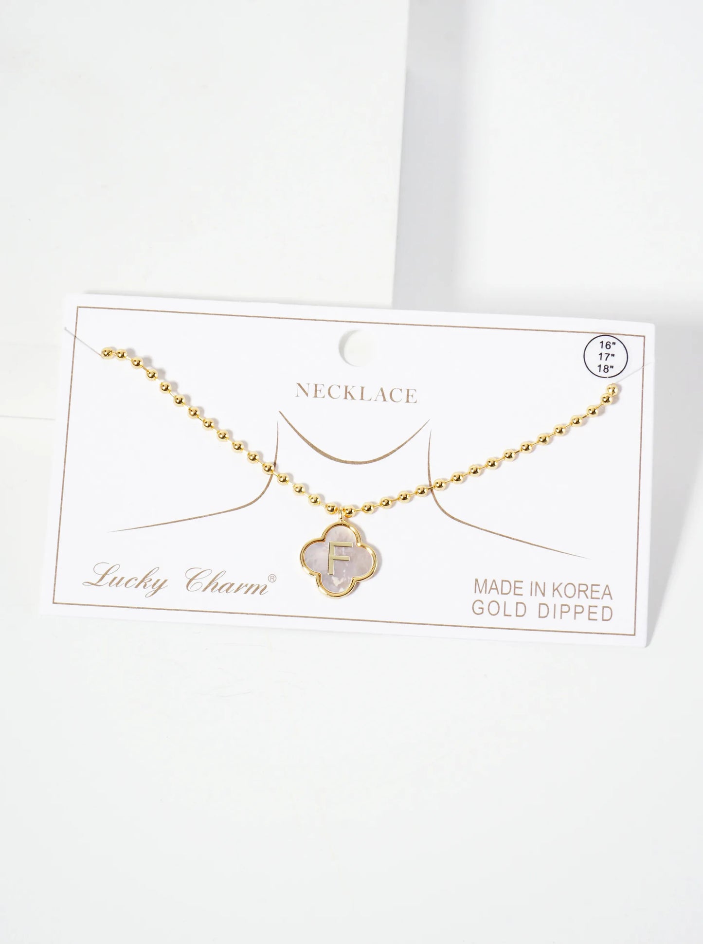 14mm 18K-Gold-Dipped Brass Mother-of-Pearl Quatrefoil Initial Monogram Ball-Chain Necklace