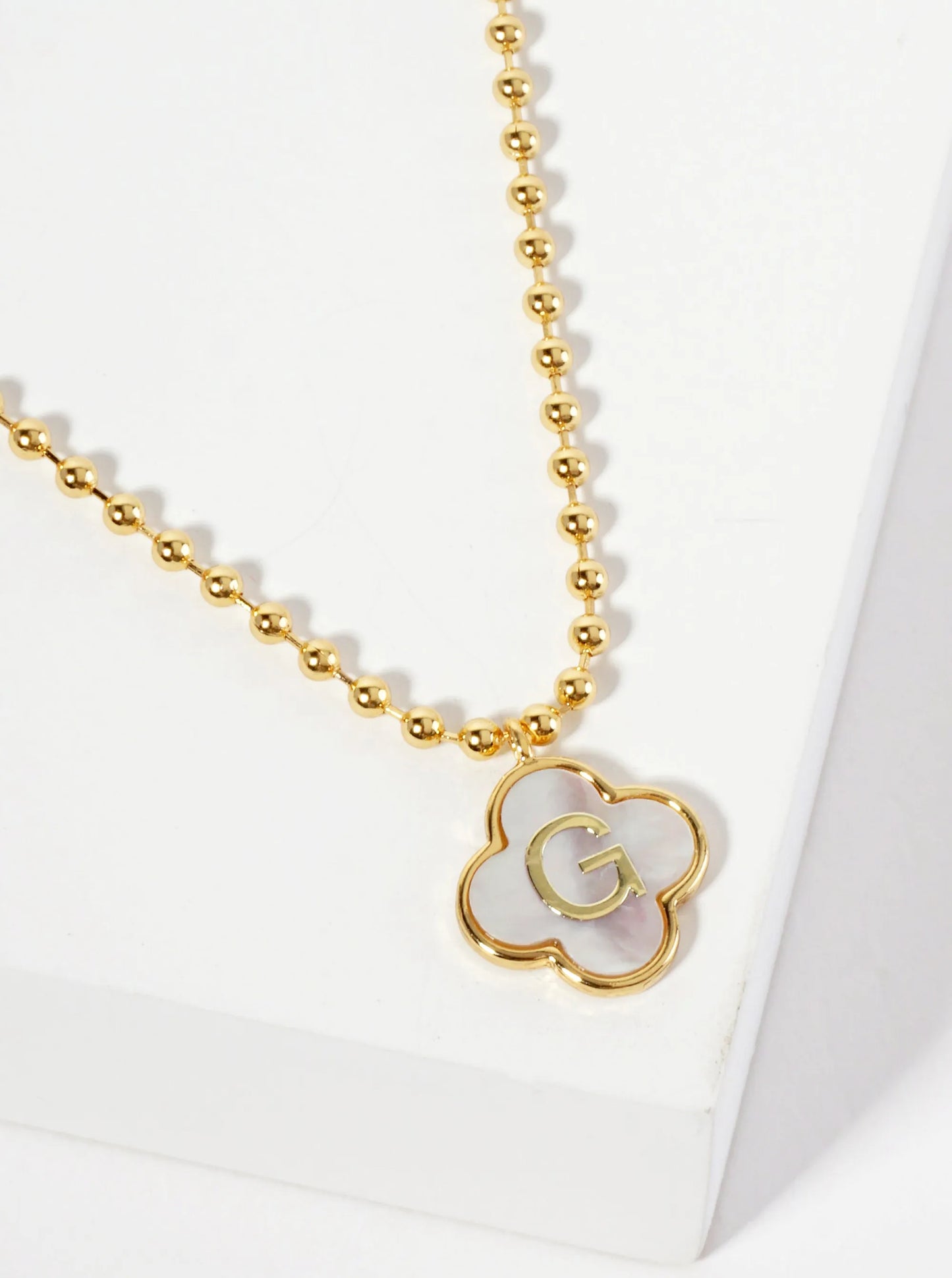 14mm 18K-Gold-Dipped Brass Mother-of-Pearl Quatrefoil Initial Monogram Ball-Chain Necklace