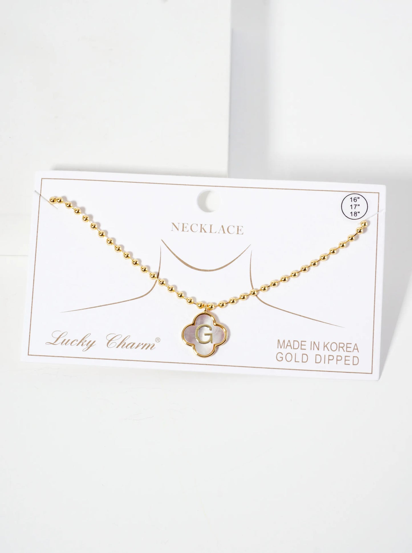 14mm 18K-Gold-Dipped Brass Mother-of-Pearl Quatrefoil Initial Monogram Ball-Chain Necklace