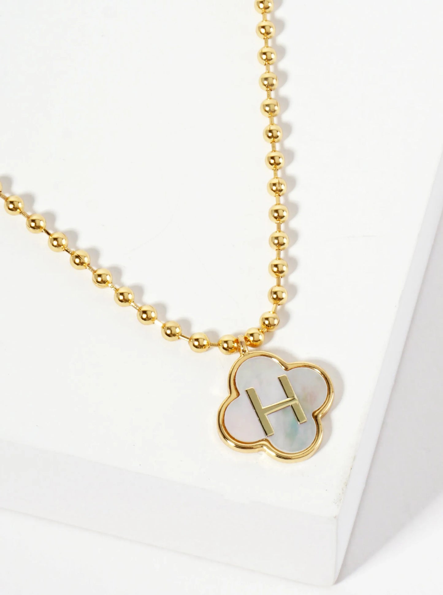 14mm 18K-Gold-Dipped Brass Mother-of-Pearl Quatrefoil Initial Monogram Ball-Chain Necklace