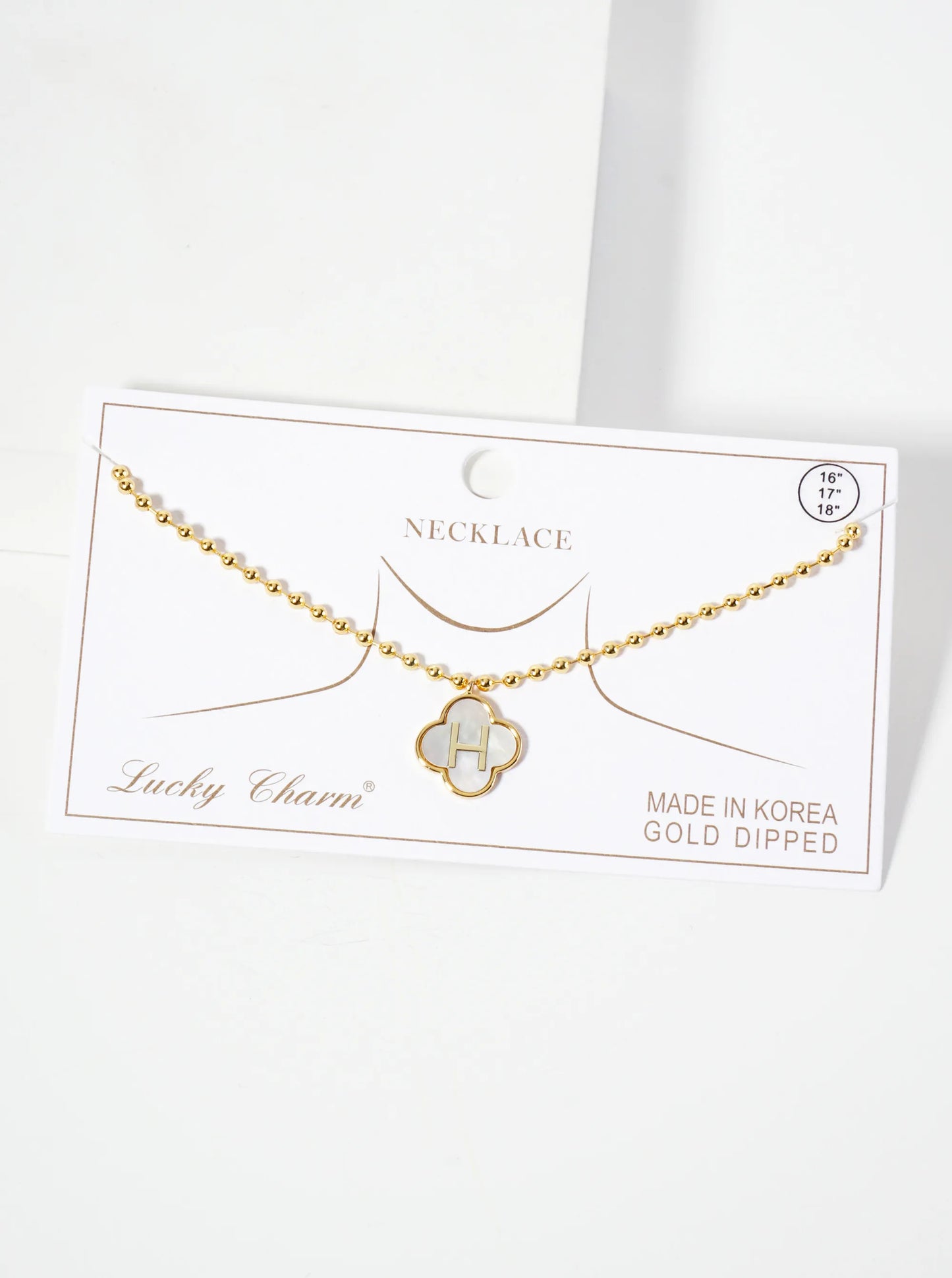 14mm 18K-Gold-Dipped Brass Mother-of-Pearl Quatrefoil Initial Monogram Ball-Chain Necklace