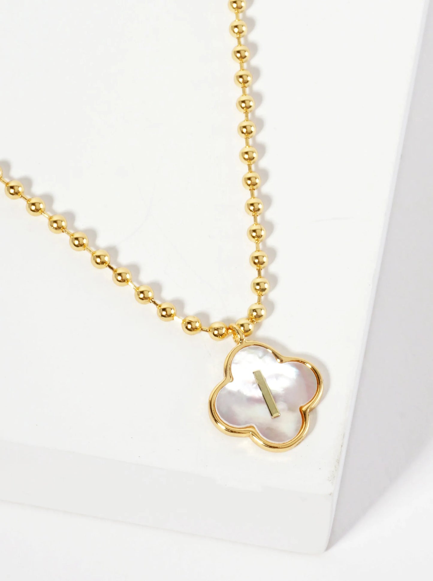 14mm 18K-Gold-Dipped Brass Mother-of-Pearl Quatrefoil Initial Monogram Ball-Chain Necklace