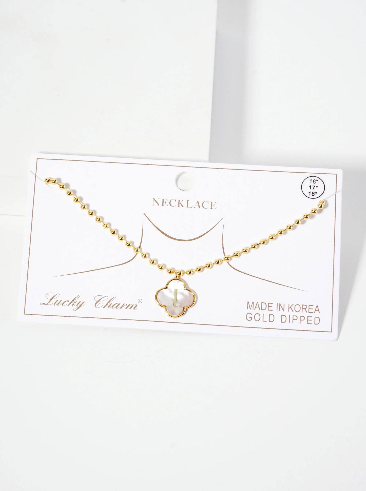 14mm 18K-Gold-Dipped Brass Mother-of-Pearl Quatrefoil Initial Monogram Ball-Chain Necklace