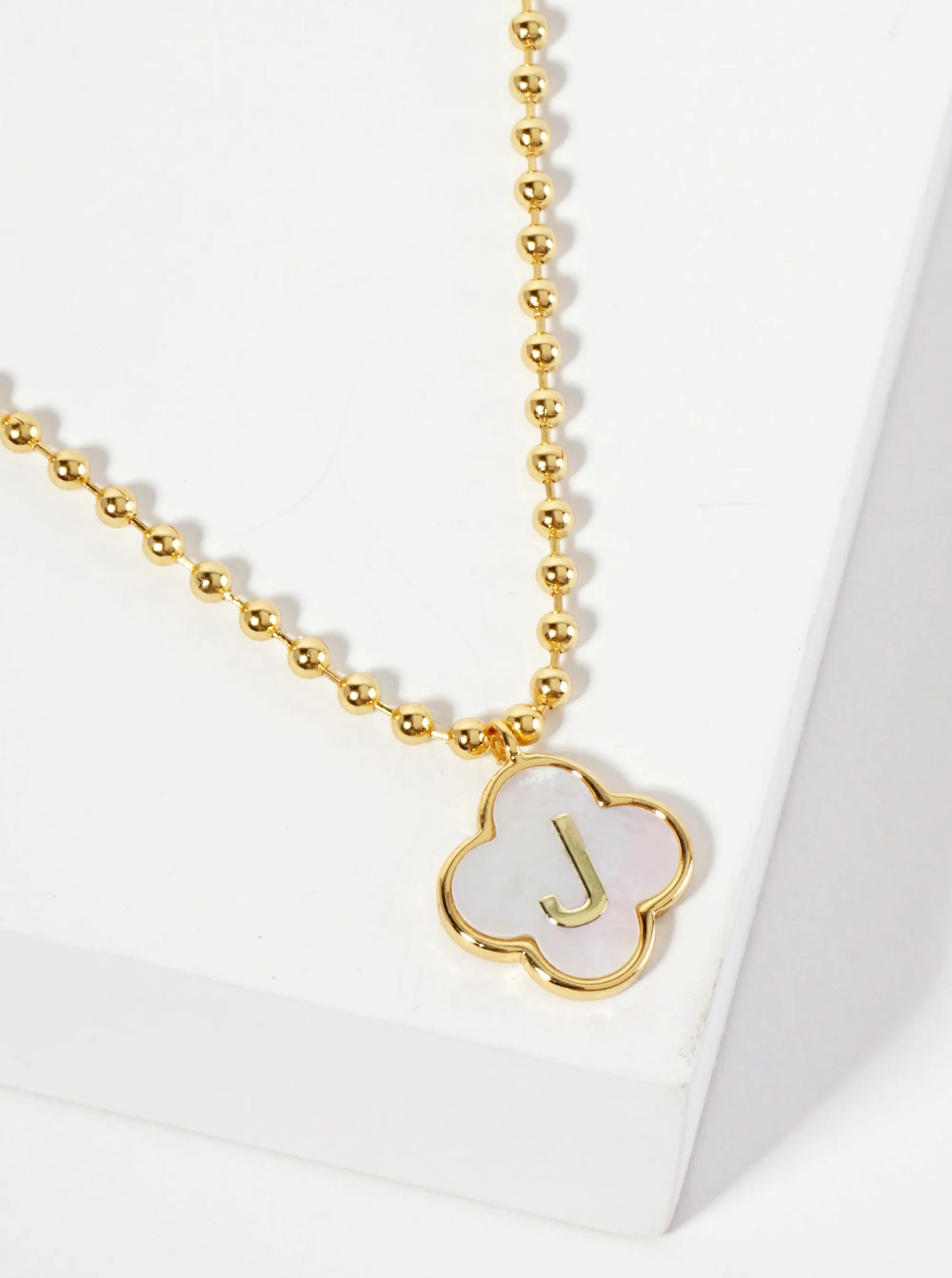 14mm 18K-Gold-Dipped Brass Mother-of-Pearl Quatrefoil Initial Monogram Ball-Chain Necklace