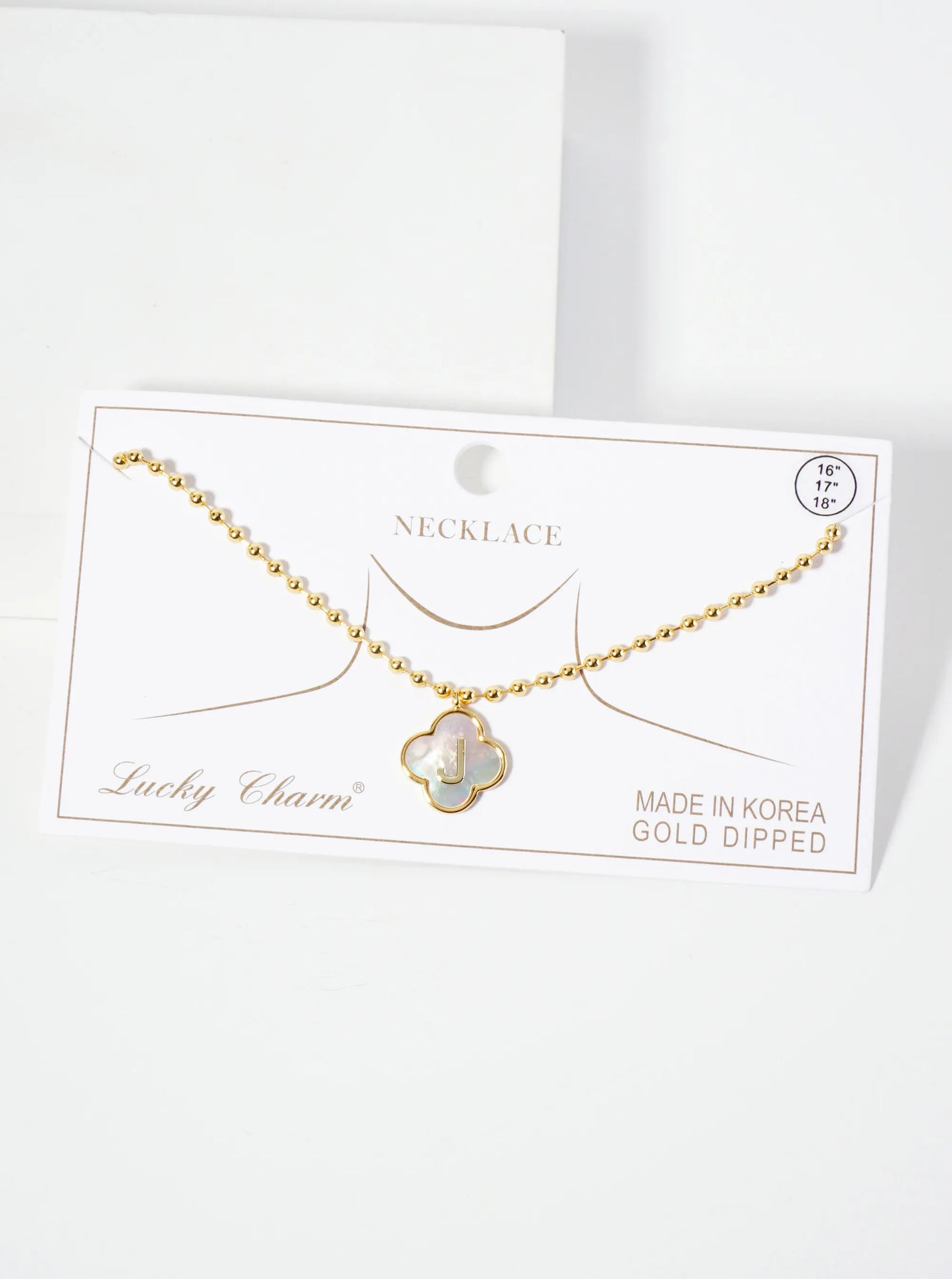 14mm 18K-Gold-Dipped Brass Mother-of-Pearl Quatrefoil Initial Monogram Ball-Chain Necklace
