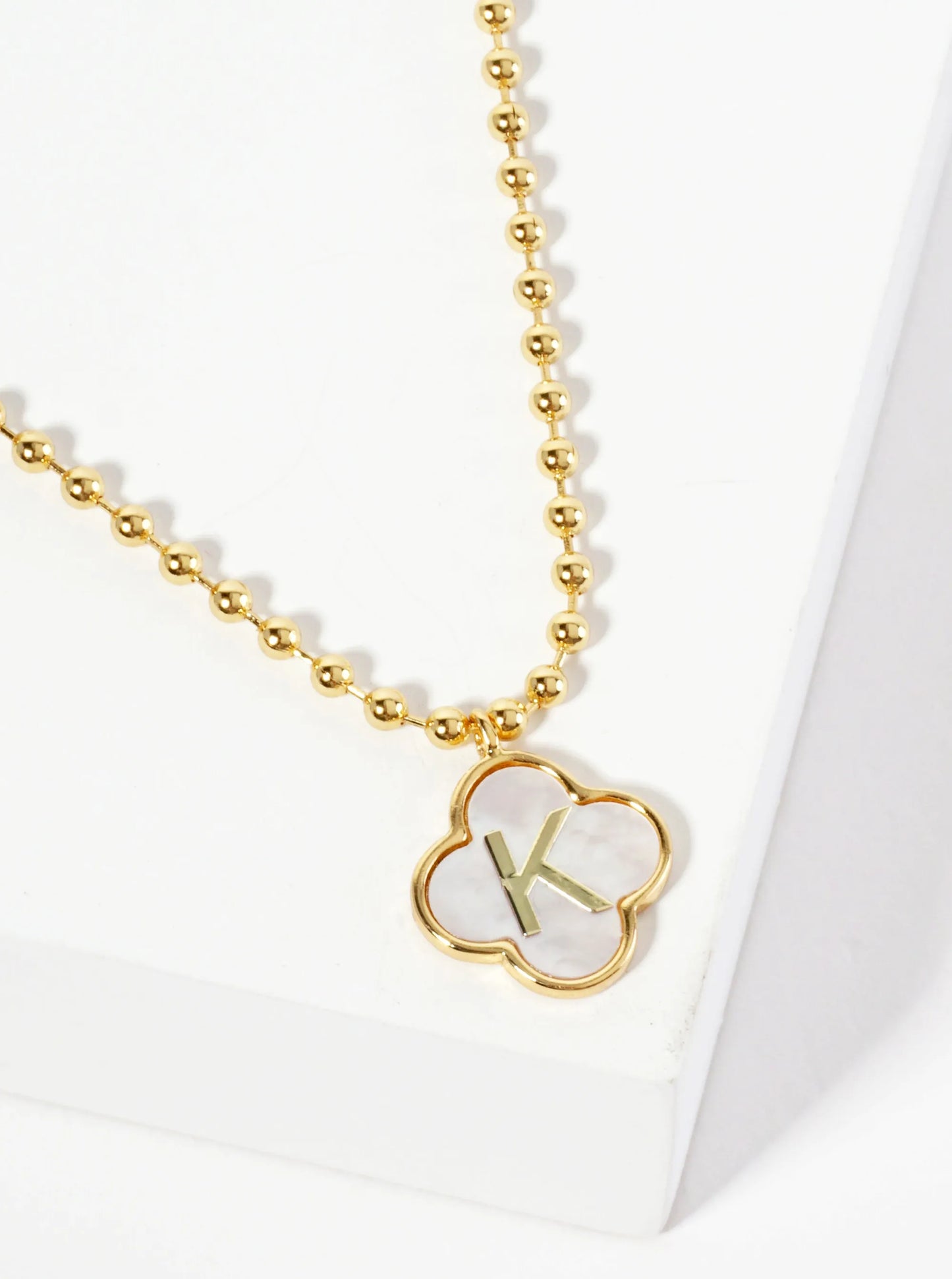14mm 18K-Gold-Dipped Brass Mother-of-Pearl Quatrefoil Initial Monogram Ball-Chain Necklace
