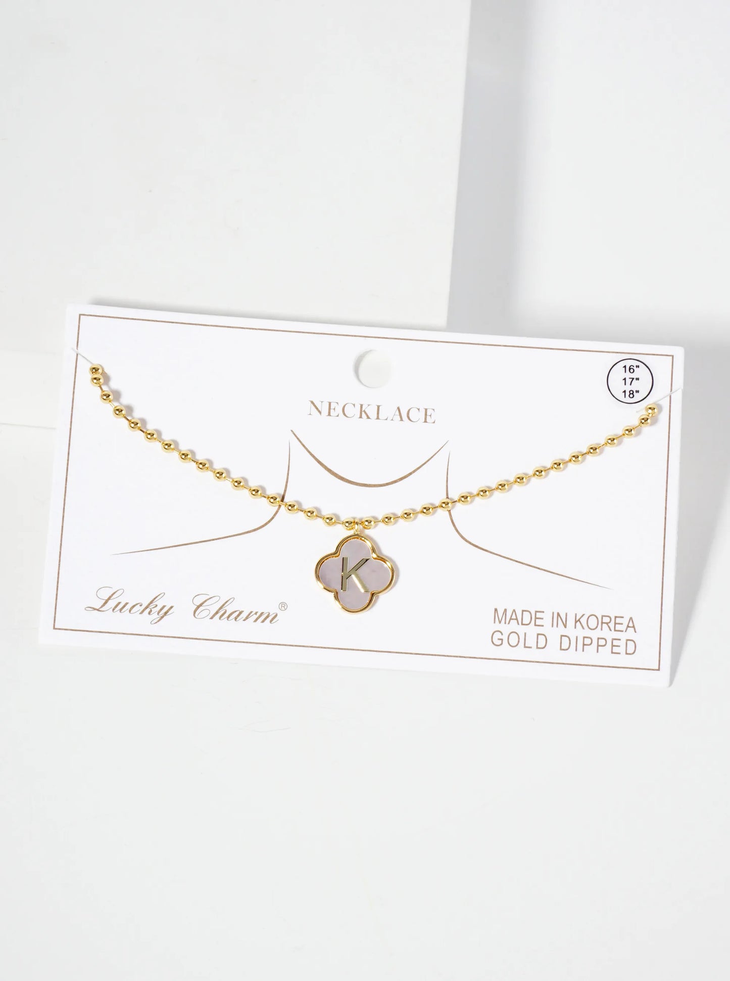 14mm 18K-Gold-Dipped Brass Mother-of-Pearl Quatrefoil Initial Monogram Ball-Chain Necklace