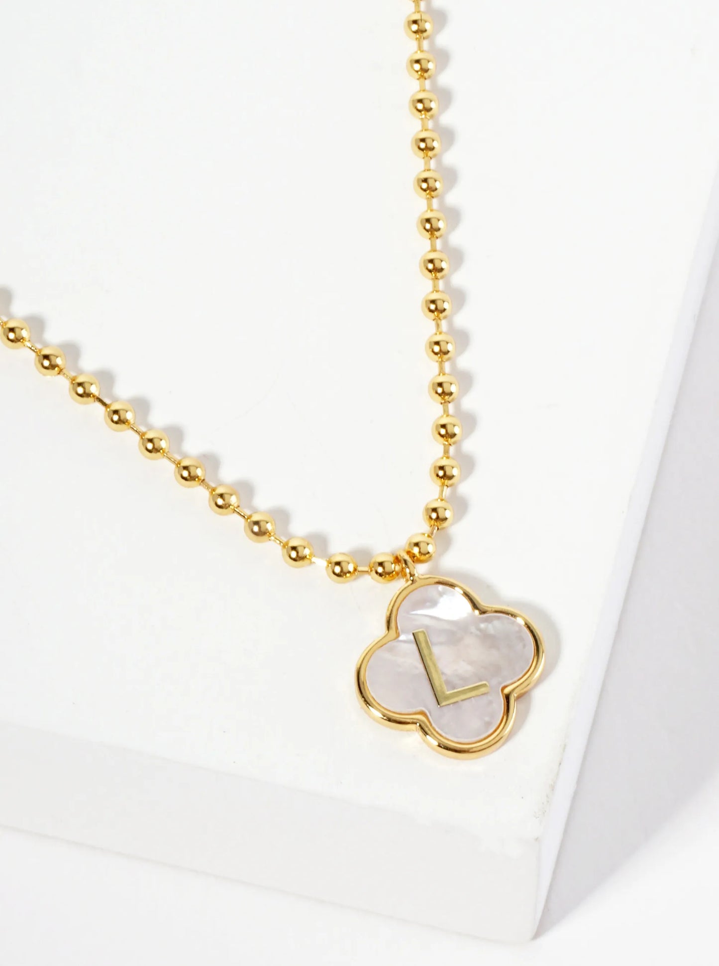 14mm 18K-Gold-Dipped Brass Mother-of-Pearl Quatrefoil Initial Monogram Ball-Chain Necklace