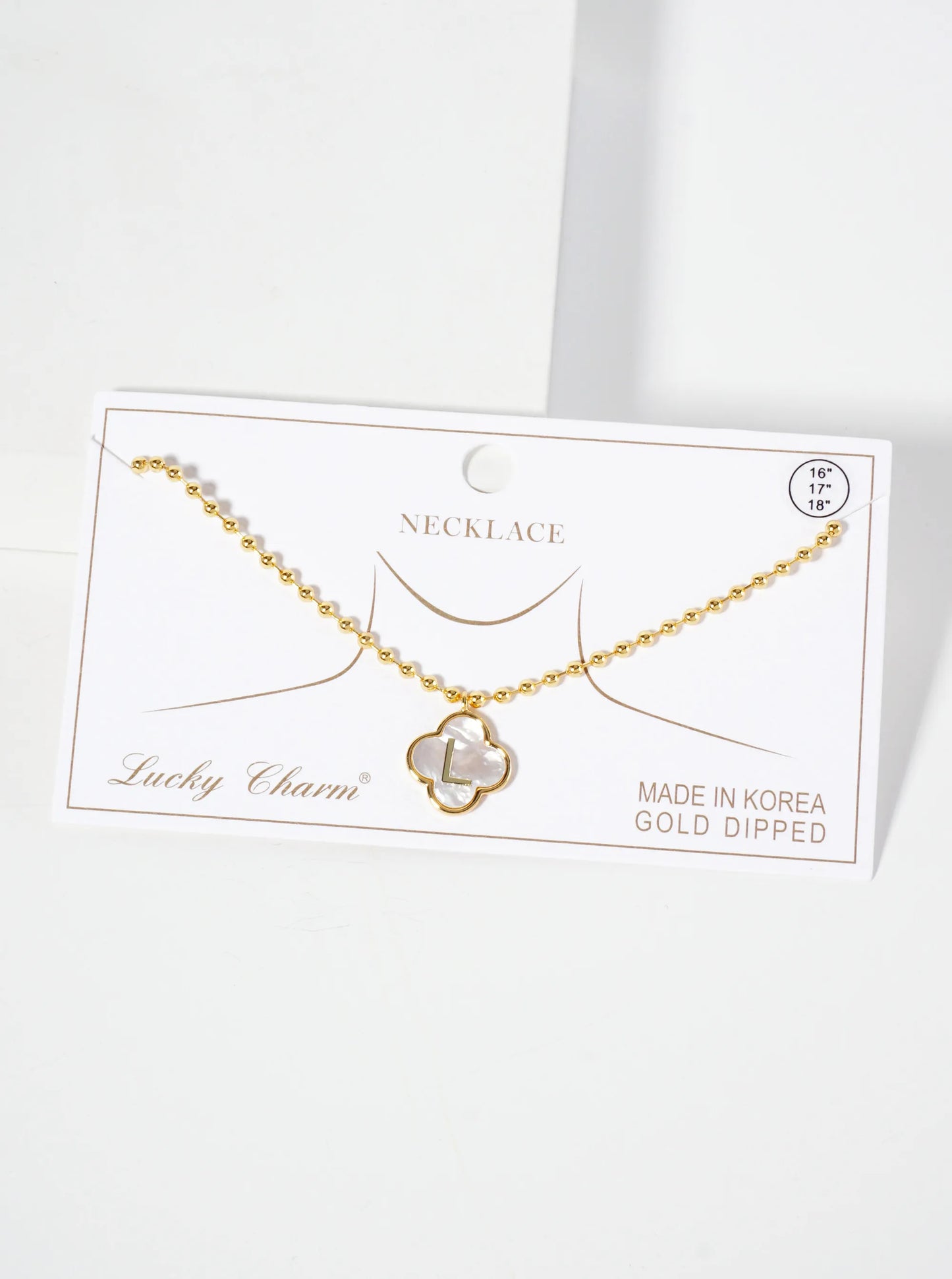 14mm 18K-Gold-Dipped Brass Mother-of-Pearl Quatrefoil Initial Monogram Ball-Chain Necklace