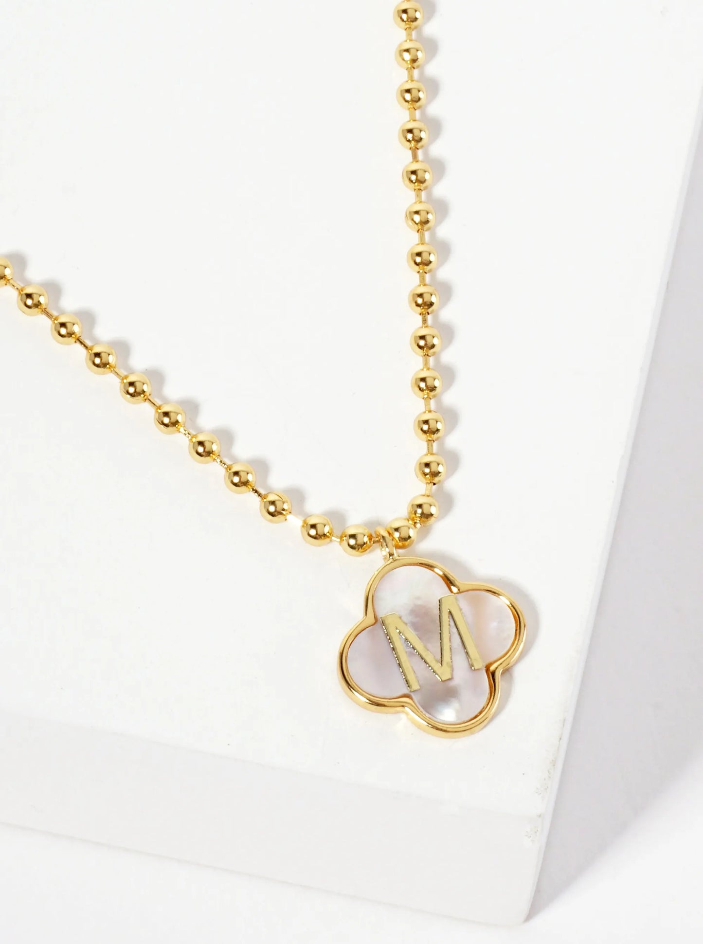 14mm 18K-Gold-Dipped Brass Mother-of-Pearl Quatrefoil Initial Monogram Ball-Chain Necklace