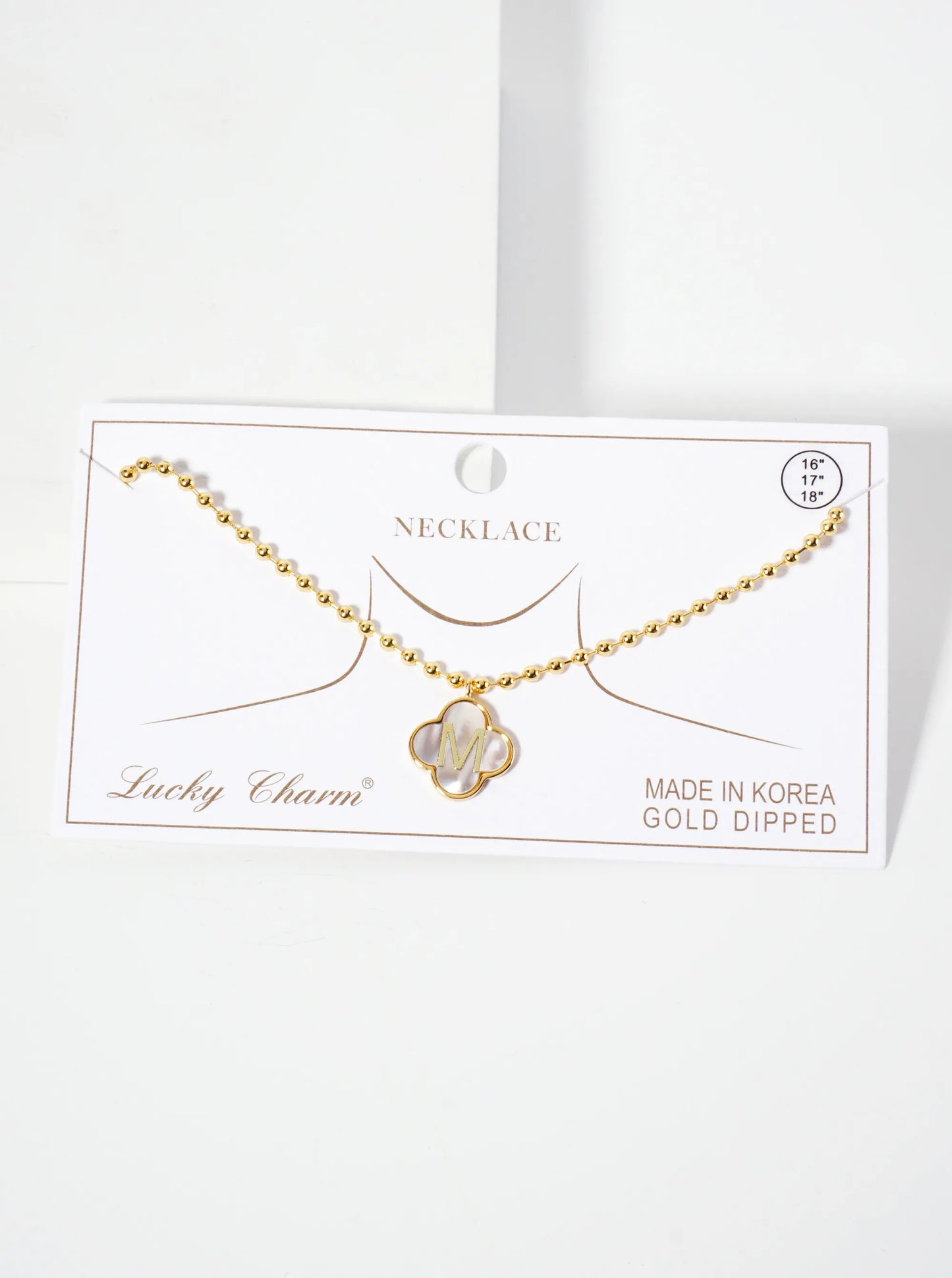 14mm 18K-Gold-Dipped Brass Mother-of-Pearl Quatrefoil Initial Monogram Ball-Chain Necklace