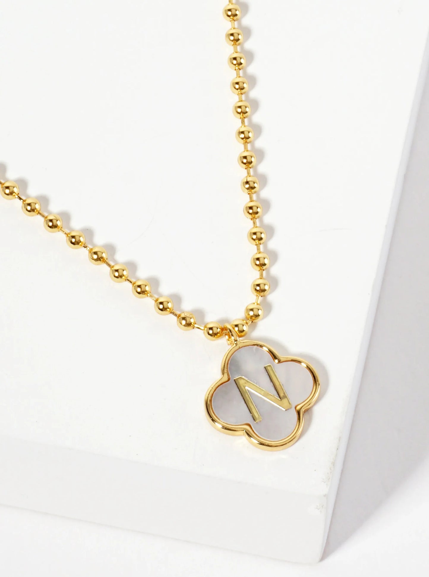 14mm 18K-Gold-Dipped Brass Mother-of-Pearl Quatrefoil Initial Monogram Ball-Chain Necklace
