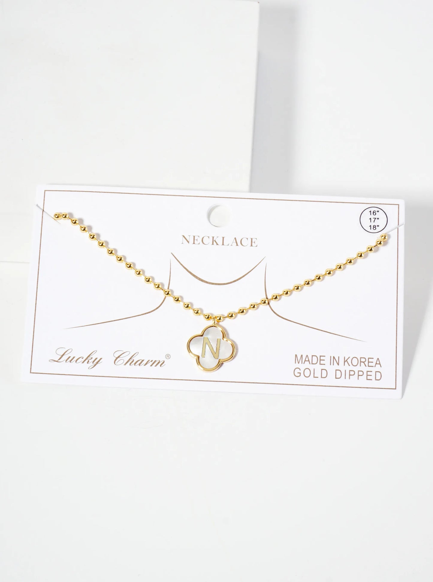 14mm 18K-Gold-Dipped Brass Mother-of-Pearl Quatrefoil Initial Monogram Ball-Chain Necklace