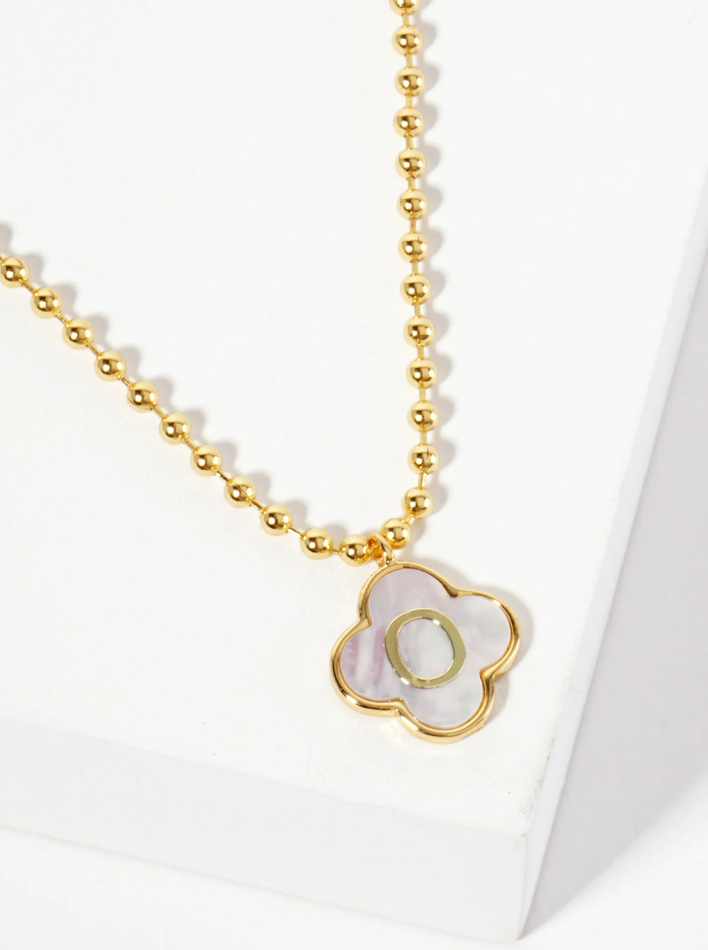 14mm 18K-Gold-Dipped Brass Mother-of-Pearl Quatrefoil Initial Monogram Ball-Chain Necklace