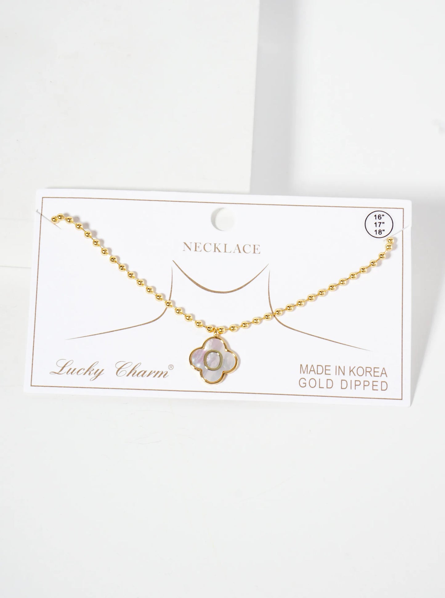14mm 18K-Gold-Dipped Brass Mother-of-Pearl Quatrefoil Initial Monogram Ball-Chain Necklace