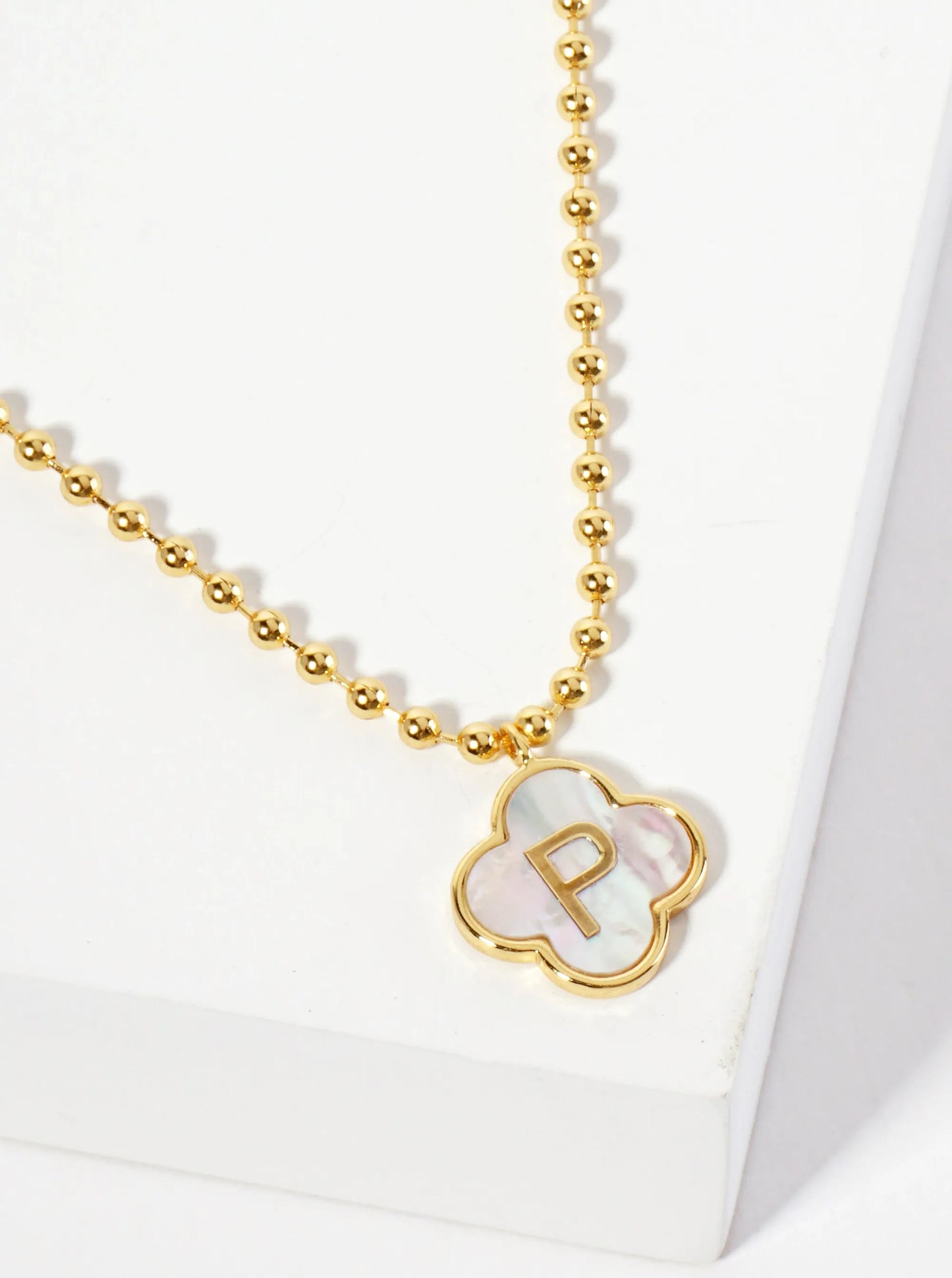 14mm 18K-Gold-Dipped Brass Mother-of-Pearl Quatrefoil Initial Monogram Ball-Chain Necklace