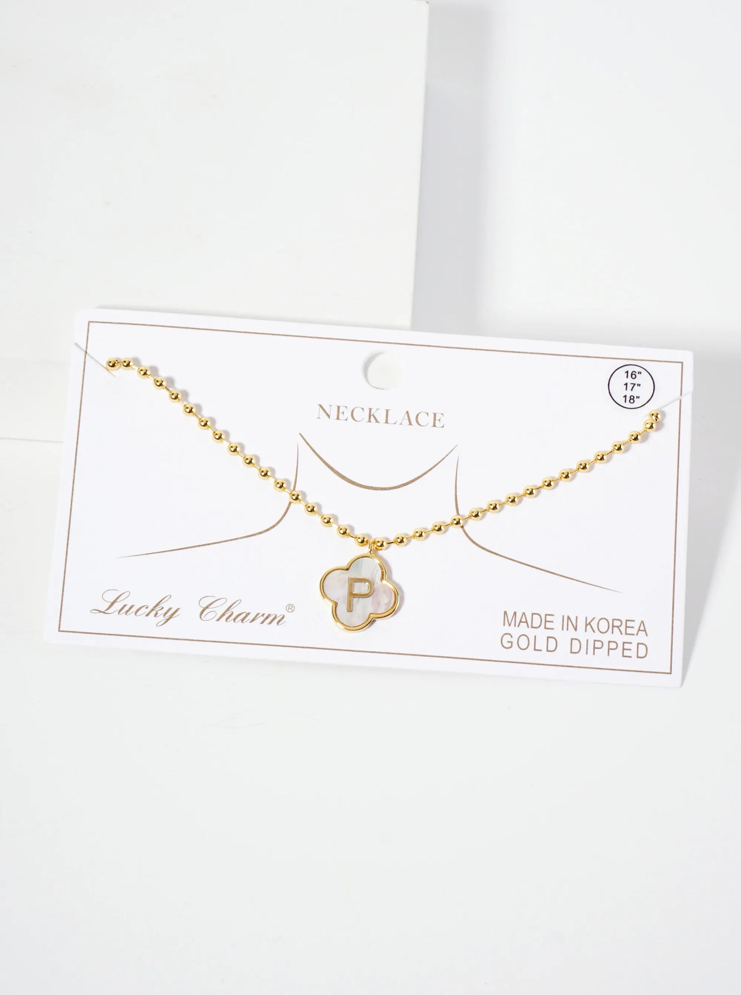 14mm 18K-Gold-Dipped Brass Mother-of-Pearl Quatrefoil Initial Monogram Ball-Chain Necklace