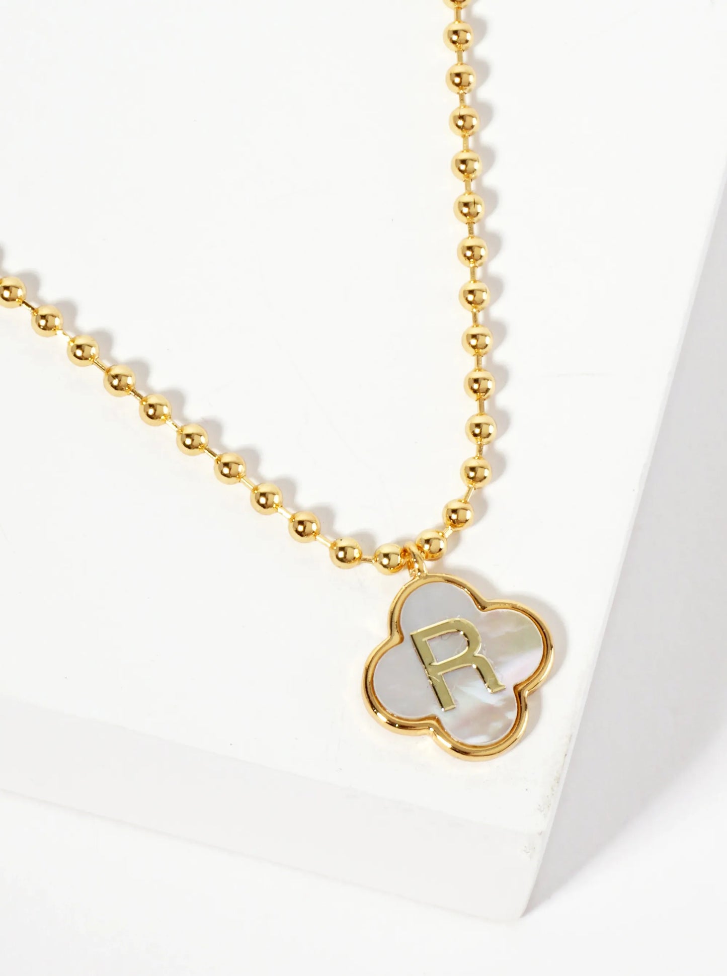 14mm 18K-Gold-Dipped Brass Mother-of-Pearl Quatrefoil Initial Monogram Ball-Chain Necklace