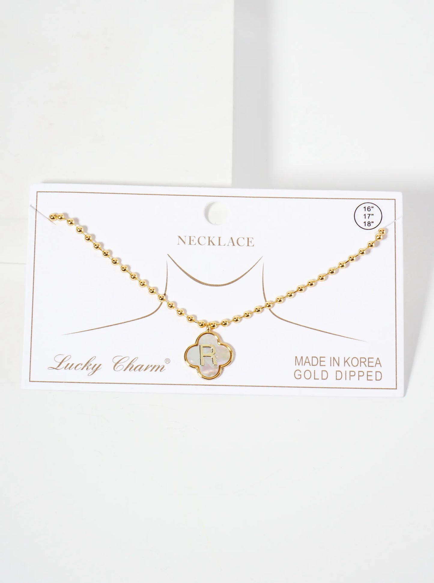 14mm 18K-Gold-Dipped Brass Mother-of-Pearl Quatrefoil Initial Monogram Ball-Chain Necklace