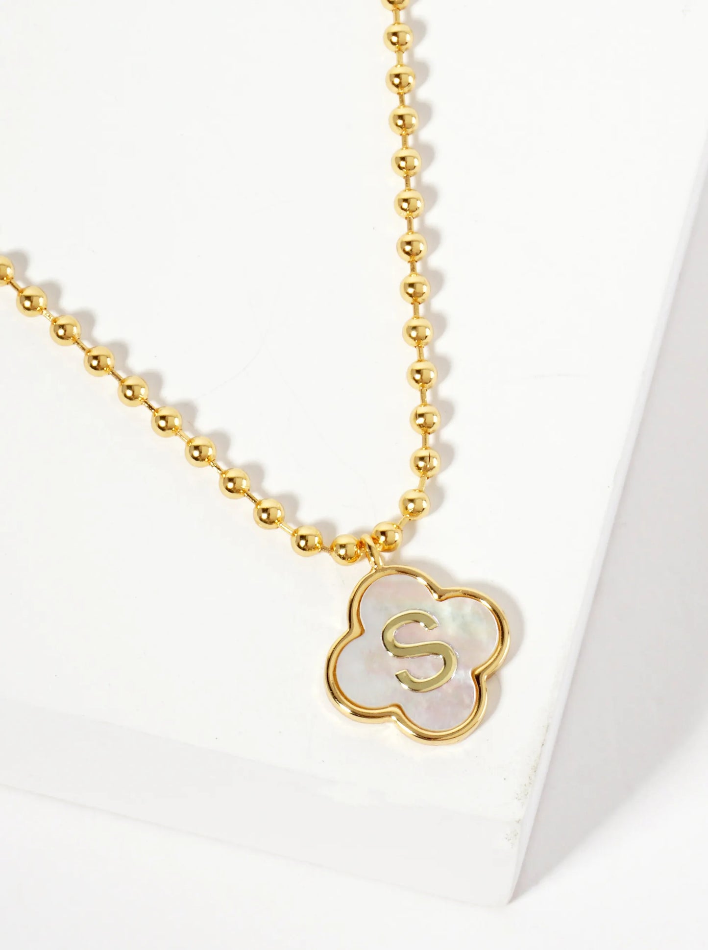 14mm 18K-Gold-Dipped Brass Mother-of-Pearl Quatrefoil Initial Monogram Ball-Chain Necklace