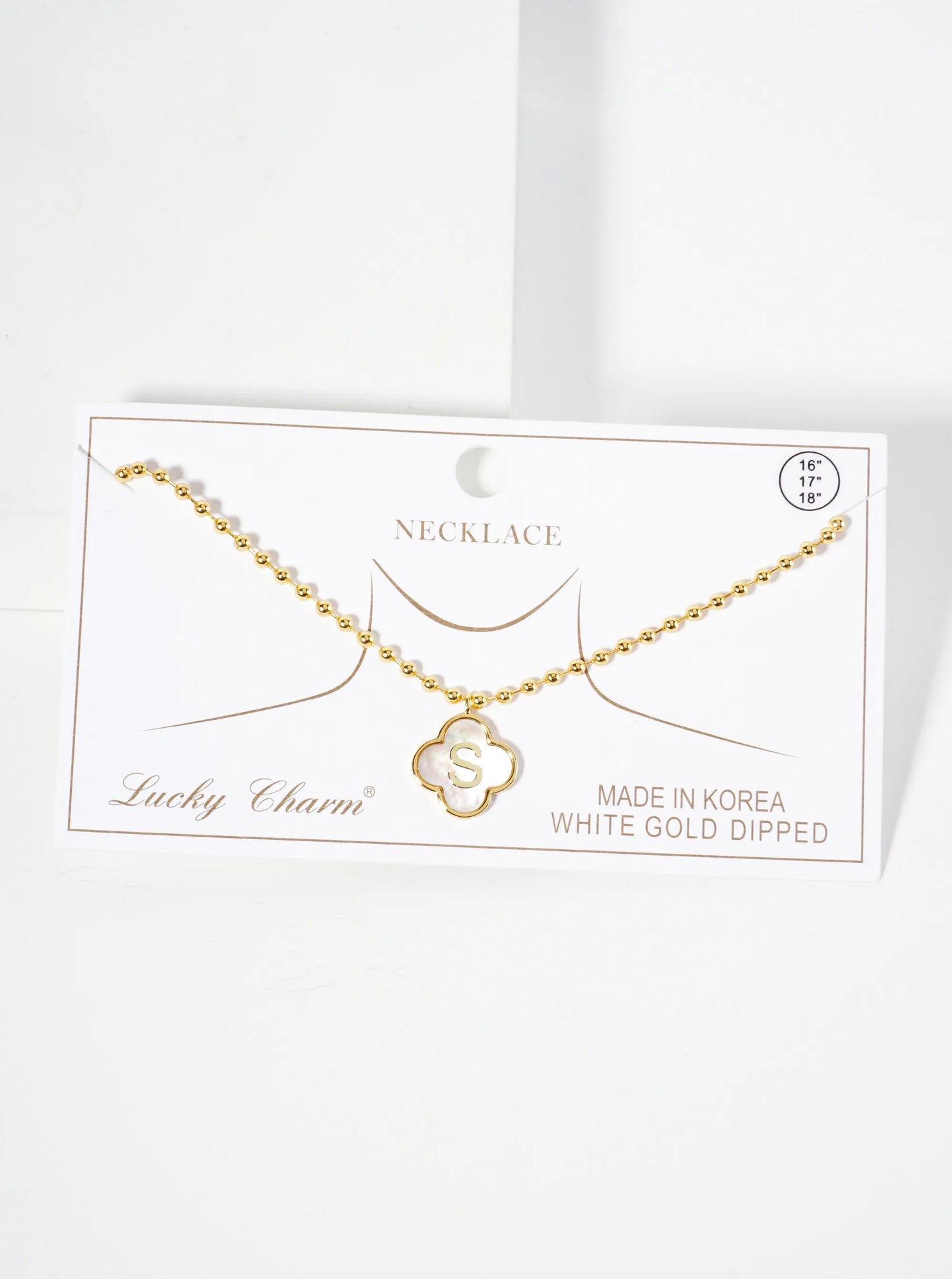 14mm 18K-Gold-Dipped Brass Mother-of-Pearl Quatrefoil Initial Monogram Ball-Chain Necklace