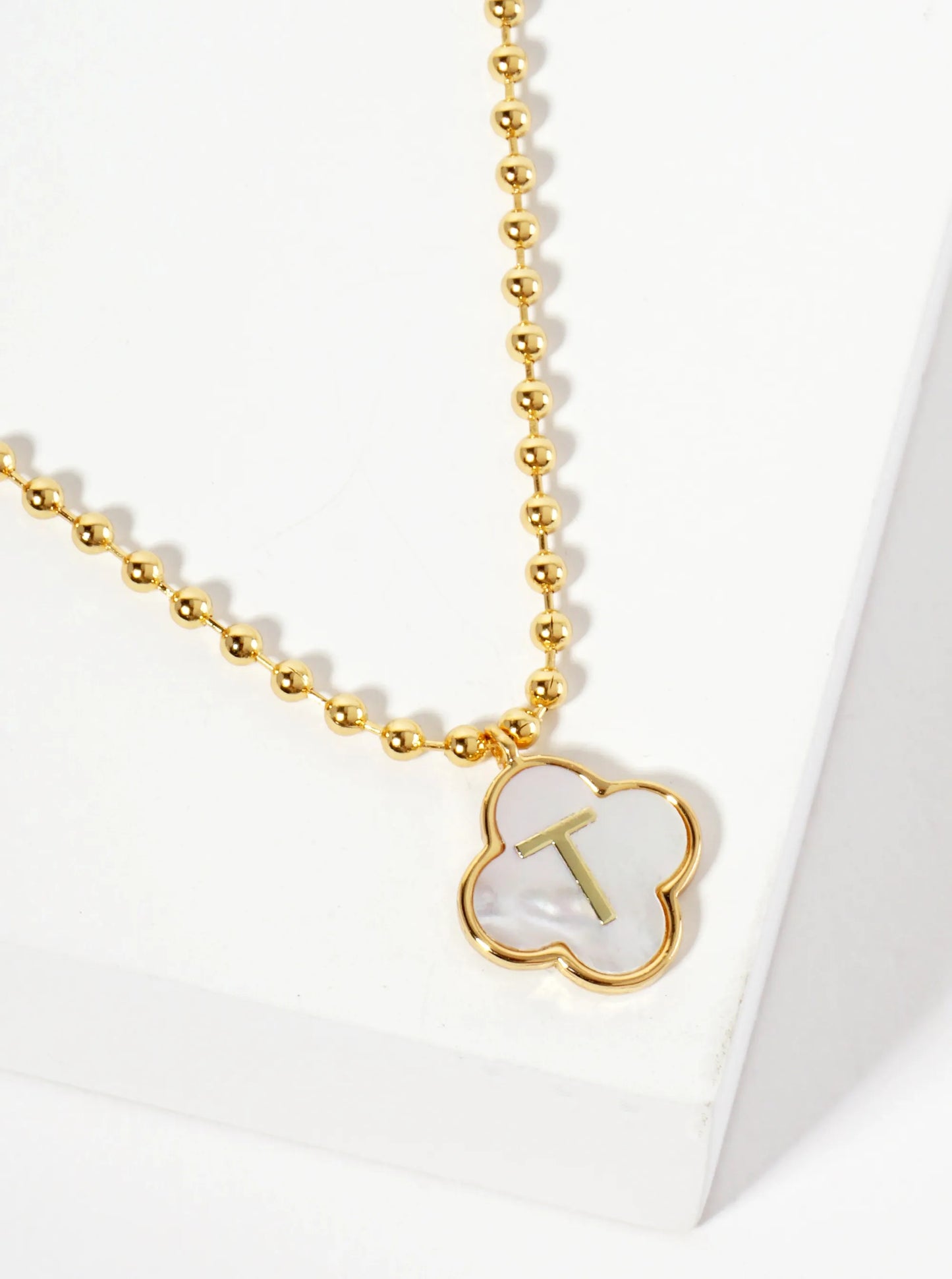 14mm 18K-Gold-Dipped Brass Mother-of-Pearl Quatrefoil Initial Monogram Ball-Chain Necklace