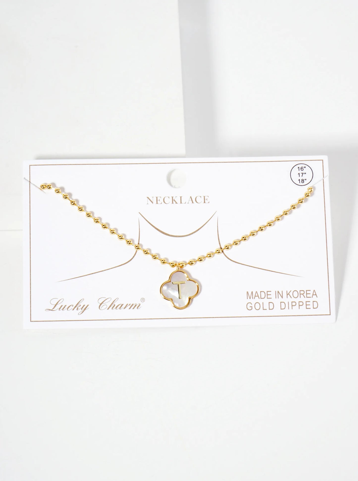 14mm 18K-Gold-Dipped Brass Mother-of-Pearl Quatrefoil Initial Monogram Ball-Chain Necklace