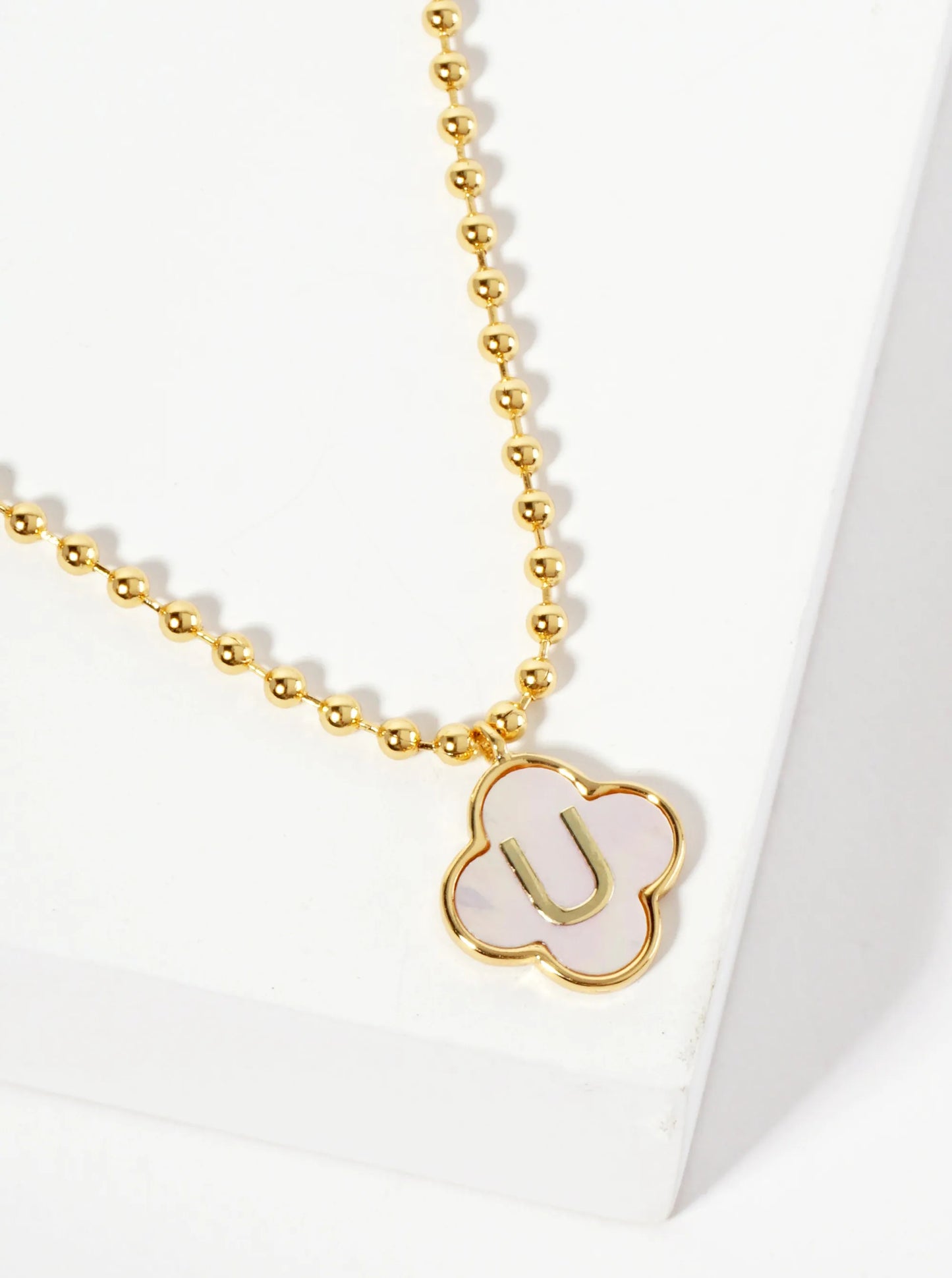 14mm 18K-Gold-Dipped Brass Mother-of-Pearl Quatrefoil Initial Monogram Ball-Chain Necklace