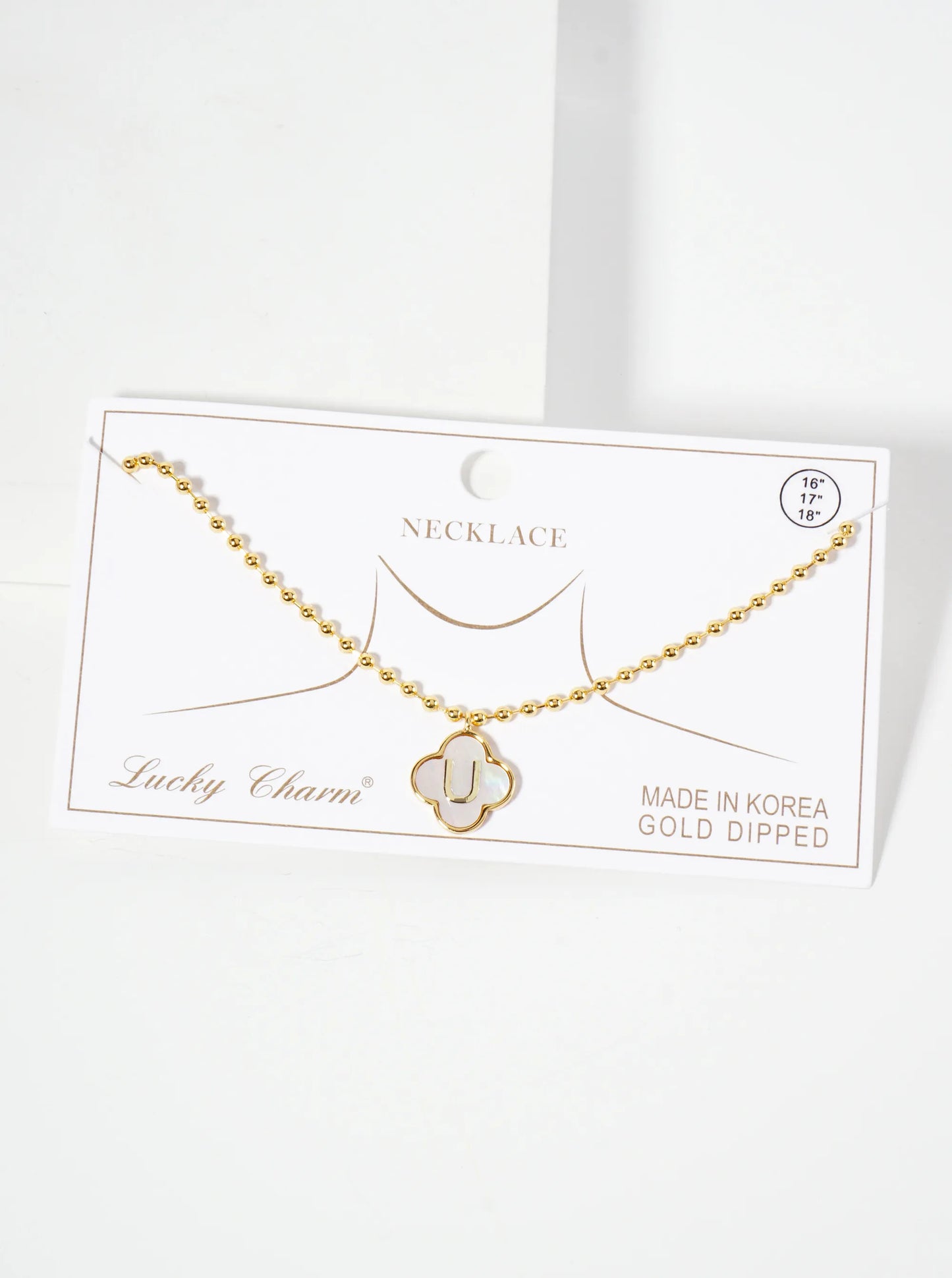 14mm 18K-Gold-Dipped Brass Mother-of-Pearl Quatrefoil Initial Monogram Ball-Chain Necklace