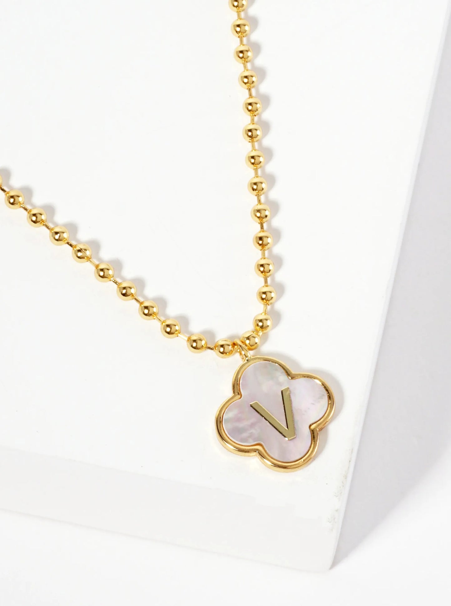 14mm 18K-Gold-Dipped Brass Mother-of-Pearl Quatrefoil Initial Monogram Ball-Chain Necklace