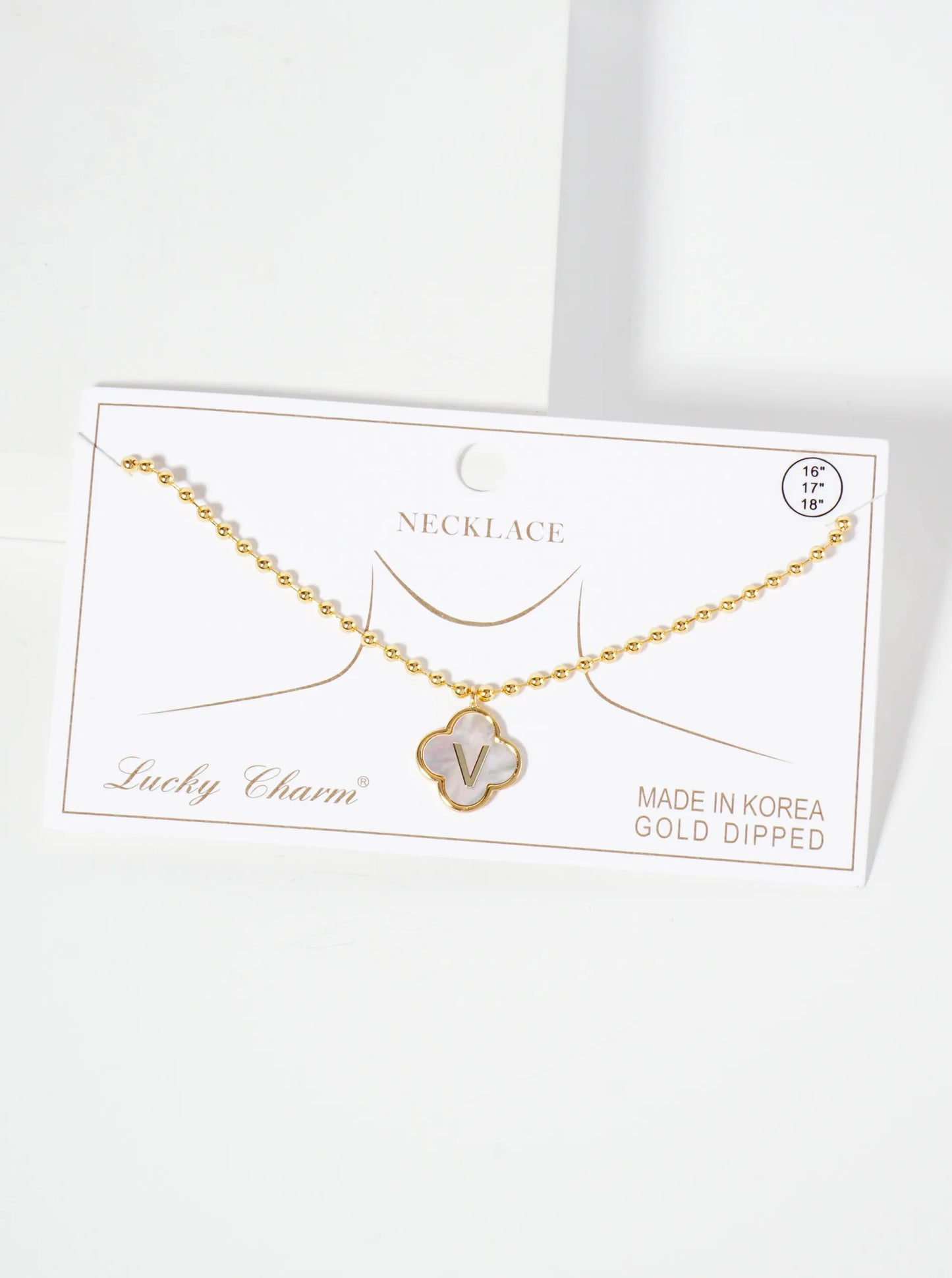 14mm 18K-Gold-Dipped Brass Mother-of-Pearl Quatrefoil Initial Monogram Ball-Chain Necklace