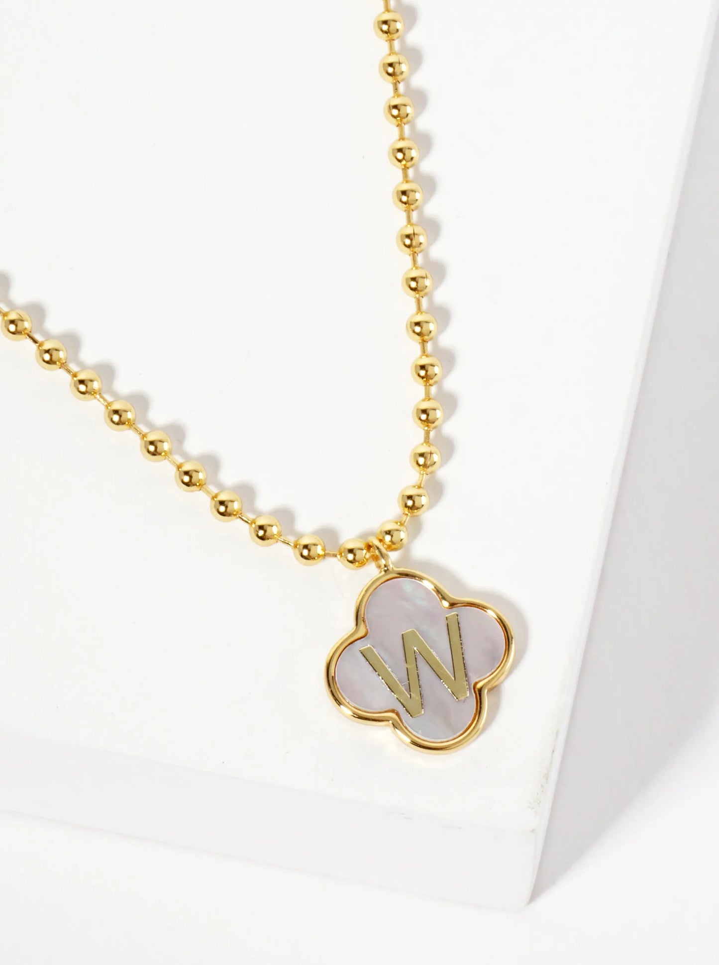 14mm 18K-Gold-Dipped Brass Mother-of-Pearl Quatrefoil Initial Monogram Ball-Chain Necklace