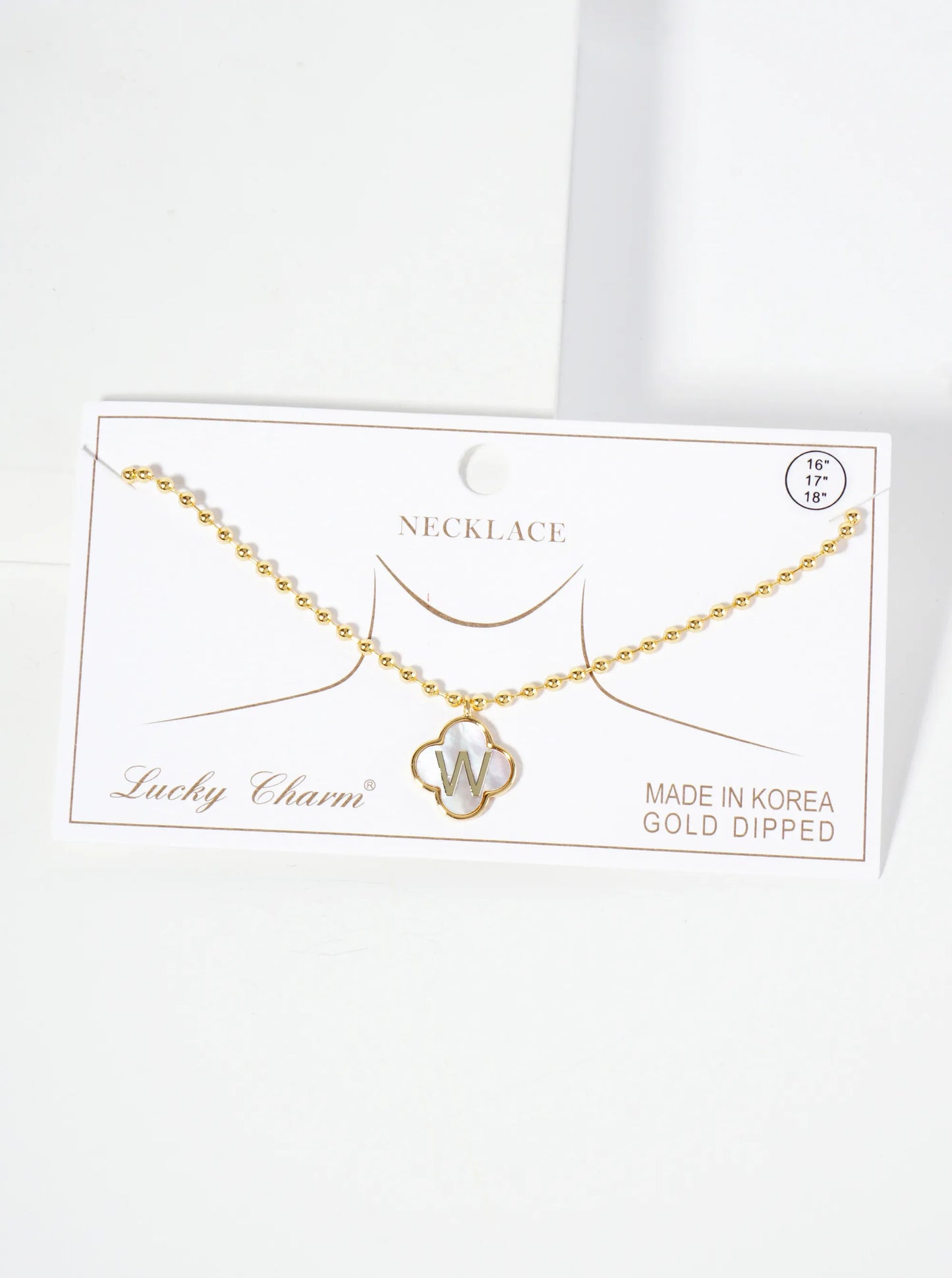 14mm 18K-Gold-Dipped Brass Mother-of-Pearl Quatrefoil Initial Monogram Ball-Chain Necklace