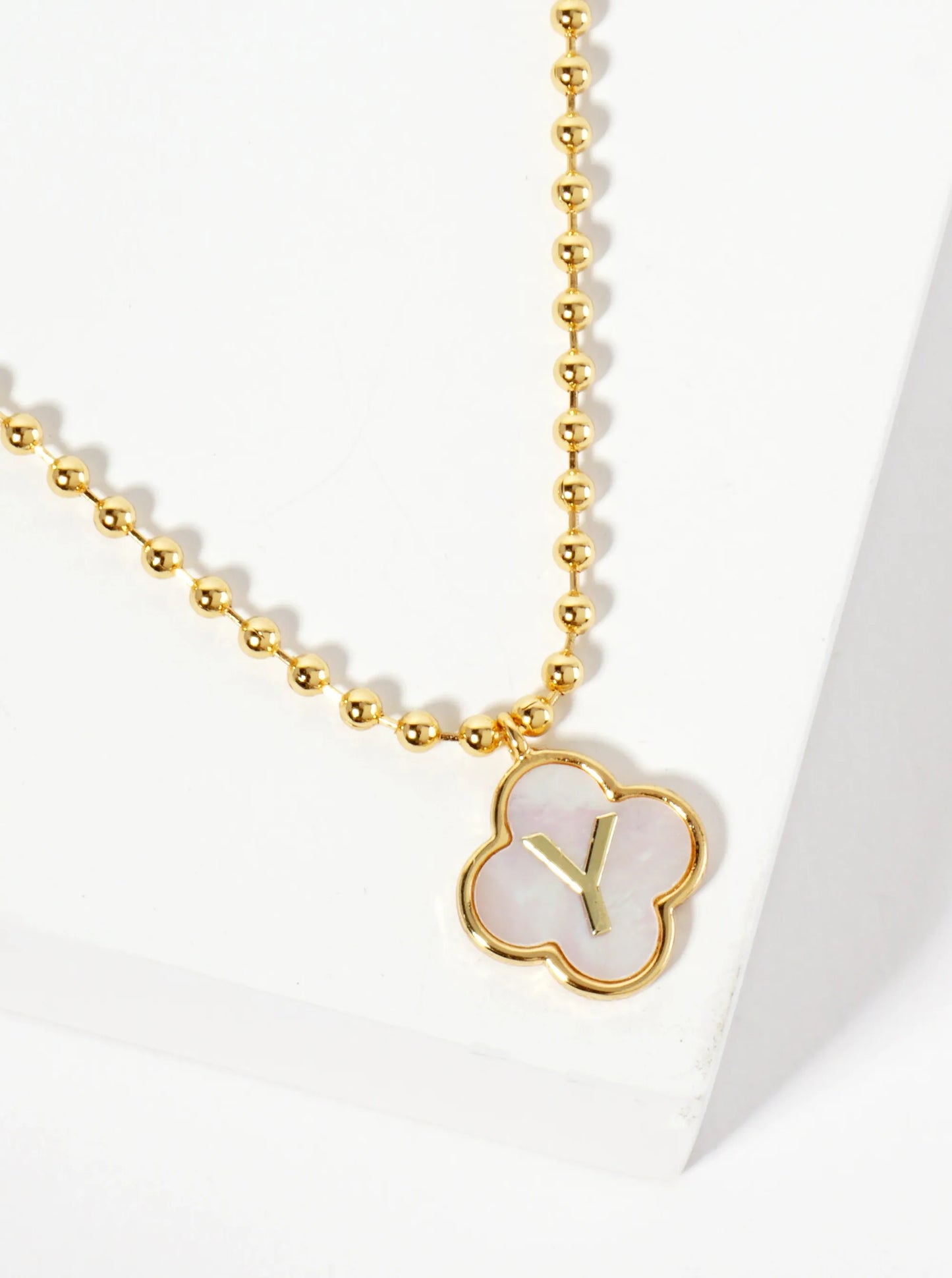 14mm 18K-Gold-Dipped Brass Mother-of-Pearl Quatrefoil Initial Monogram Ball-Chain Necklace